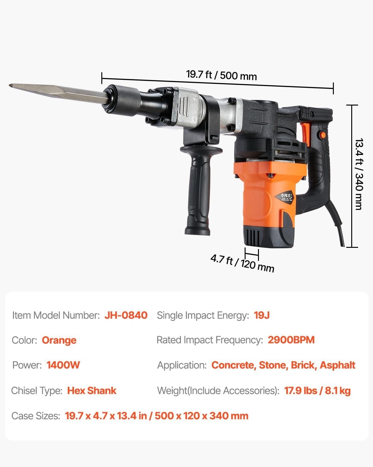 Demolition Jack Hammer 1400W Electric Heavy Duty Concrete Breaker 2900 BPM Tools