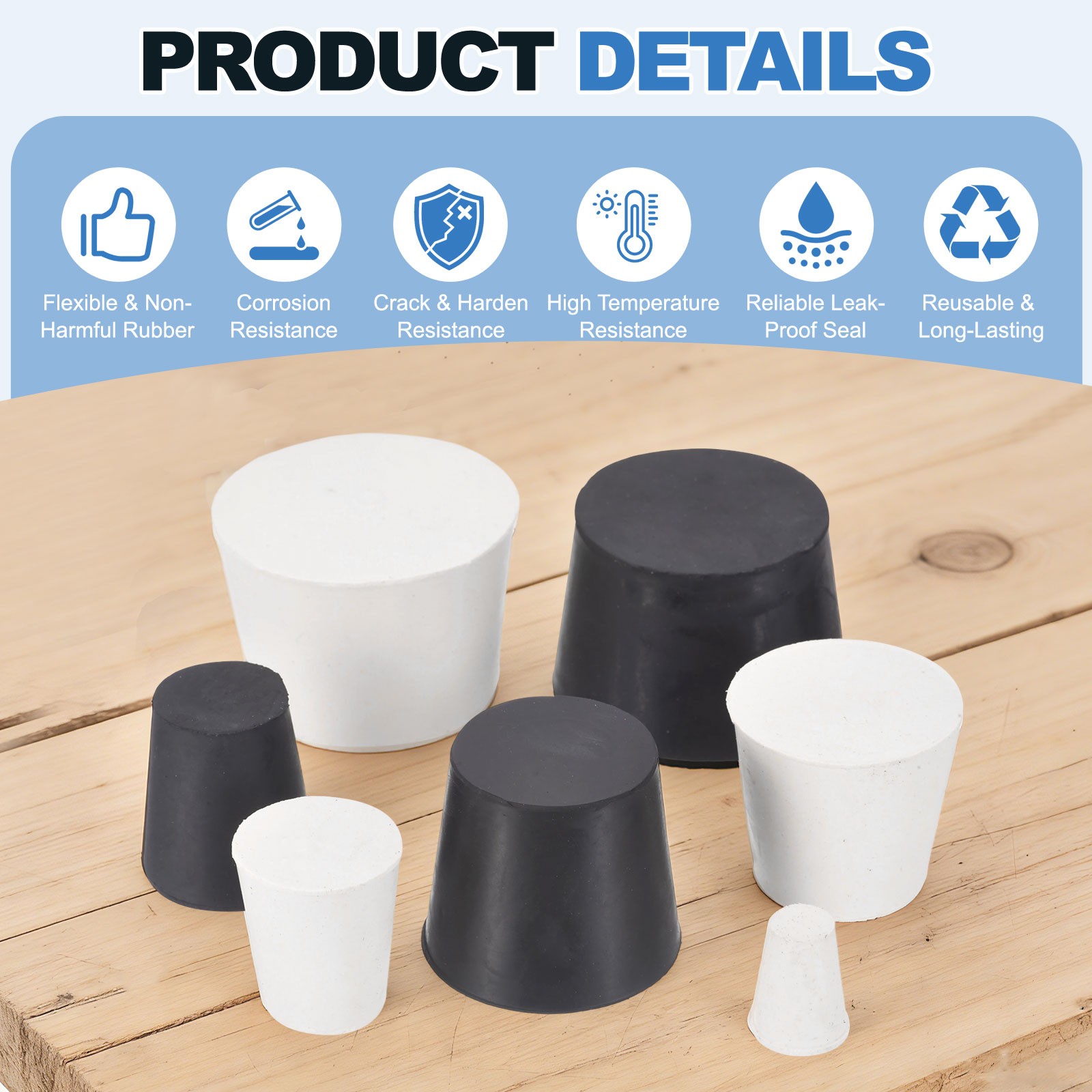 4 Pcs Solid Rubber Stopper Size 8#-42mm x 33mm – 30mm Long, Black/White
