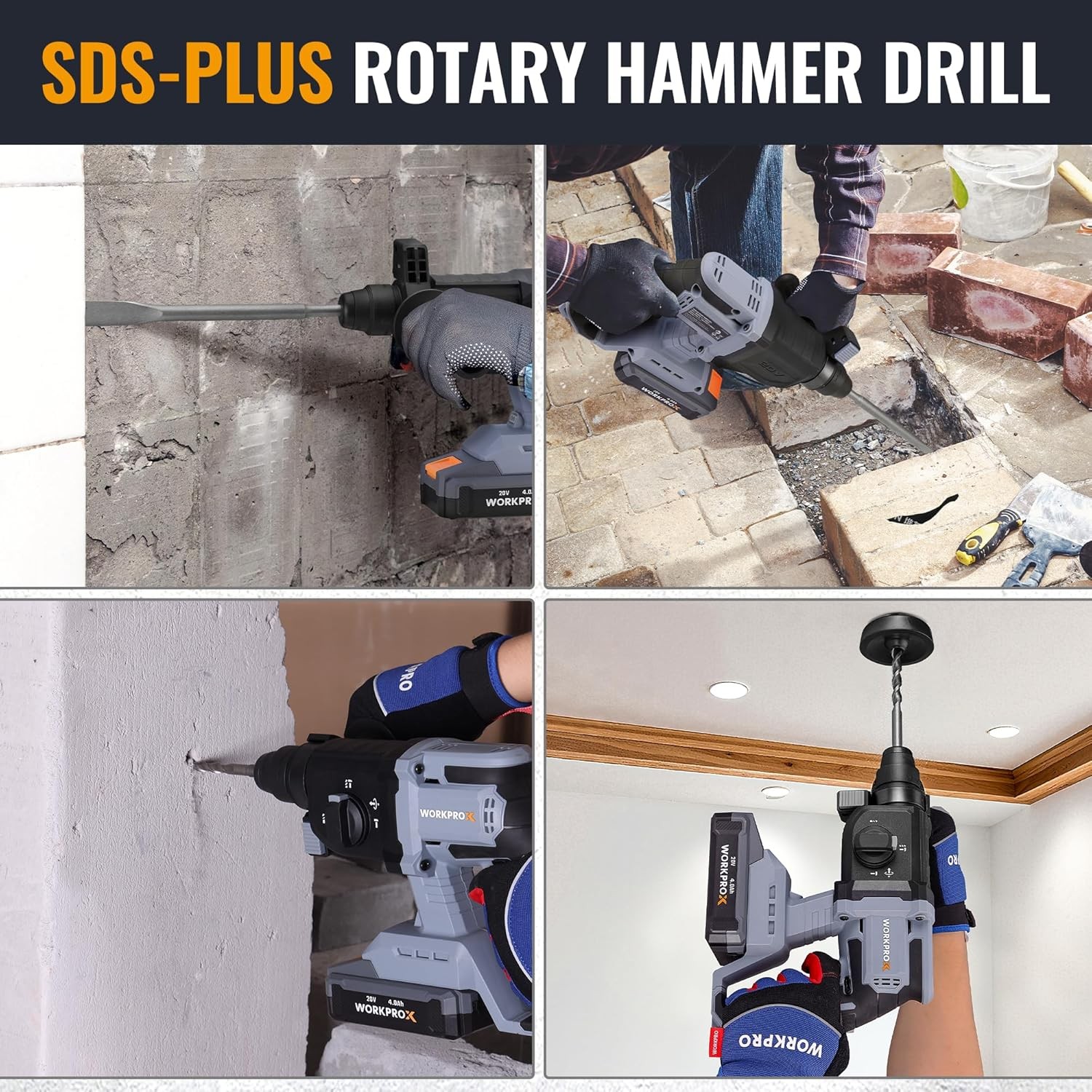 WORKPROX 20V 520W Cordless Brushless Rotary Hammer Drill Kits 7/8″ SDS-Plus 2.0J