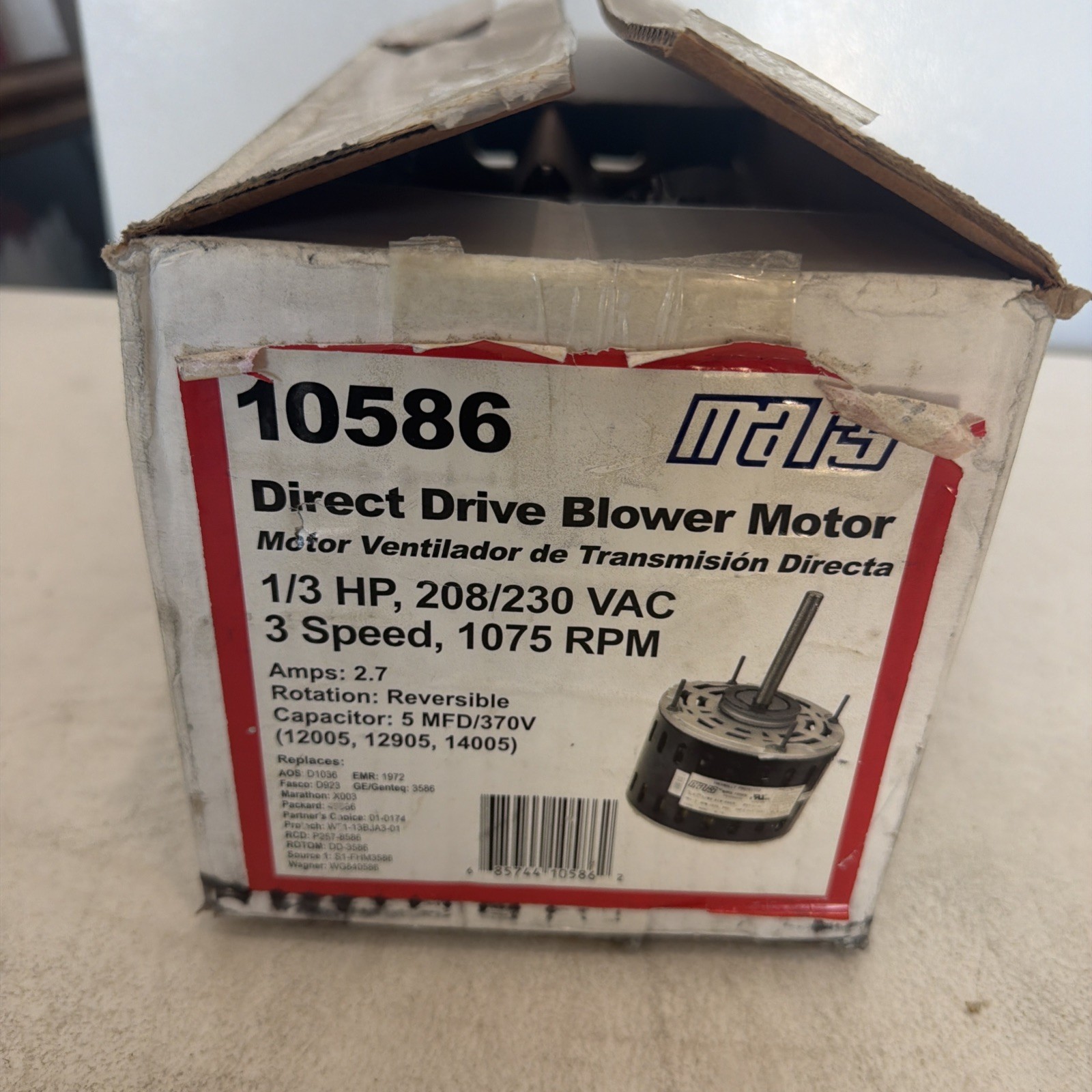 Mars Direct Drive Blower Motor 10586 1/3 HP 208/230 VAC 3 Speed 1075 RPM (NEW)