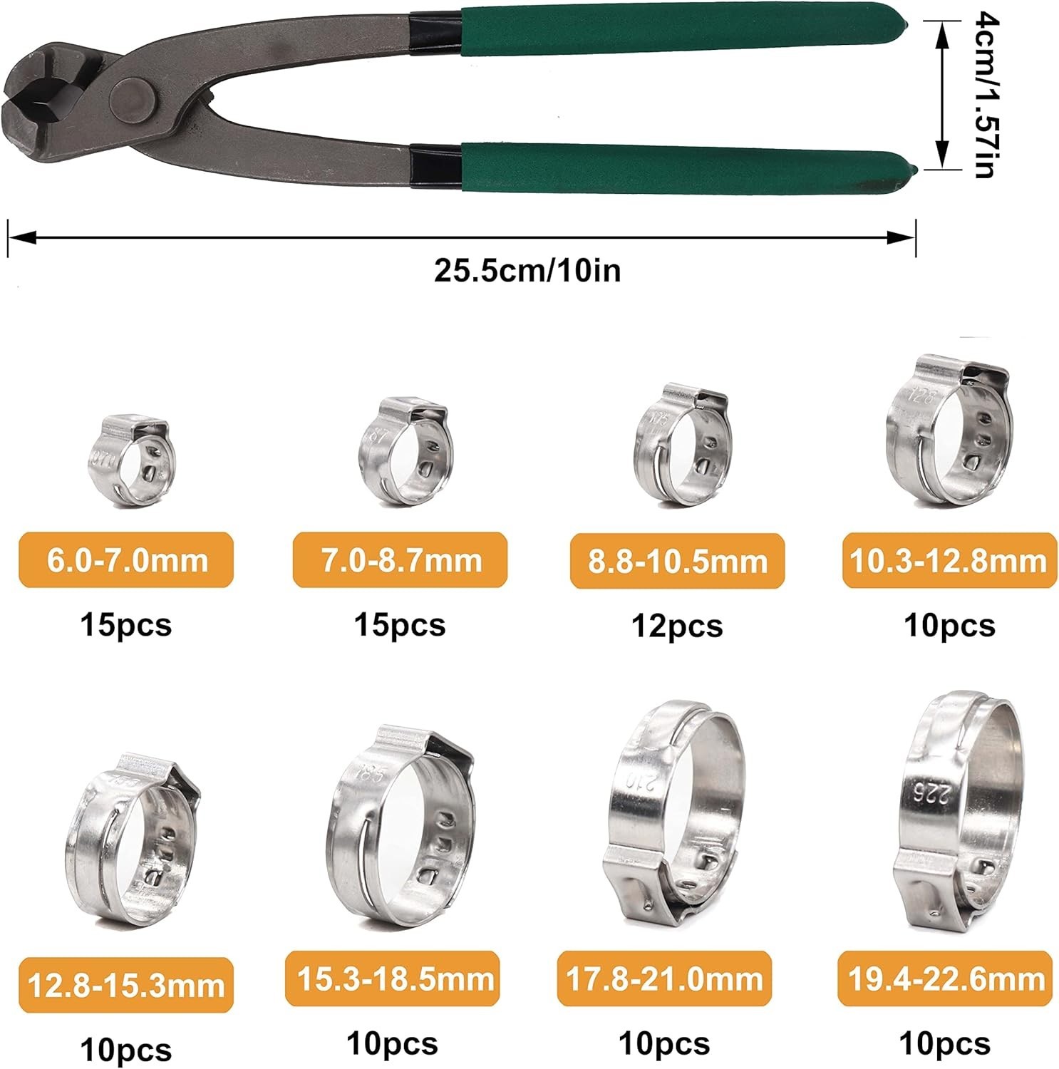 Single Ear Hose Clamps Oetiker 92Pcs(6.0mm-22.6mm) Crimp Pipe Assortment Kit