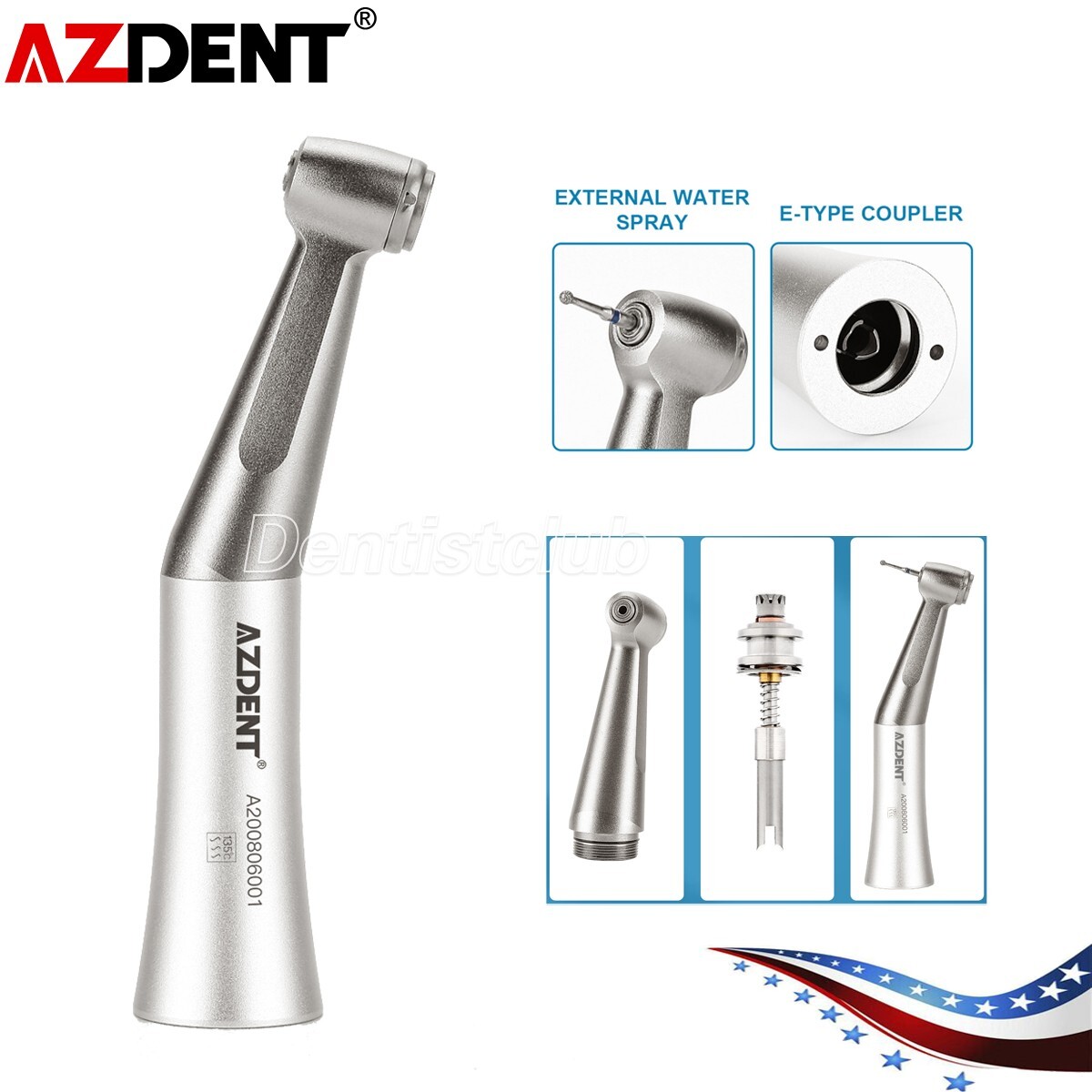 AZDENT Dental Contra Angle Low Speed Handpiece 1:1 Direct Drive 1.6mm FG Burs