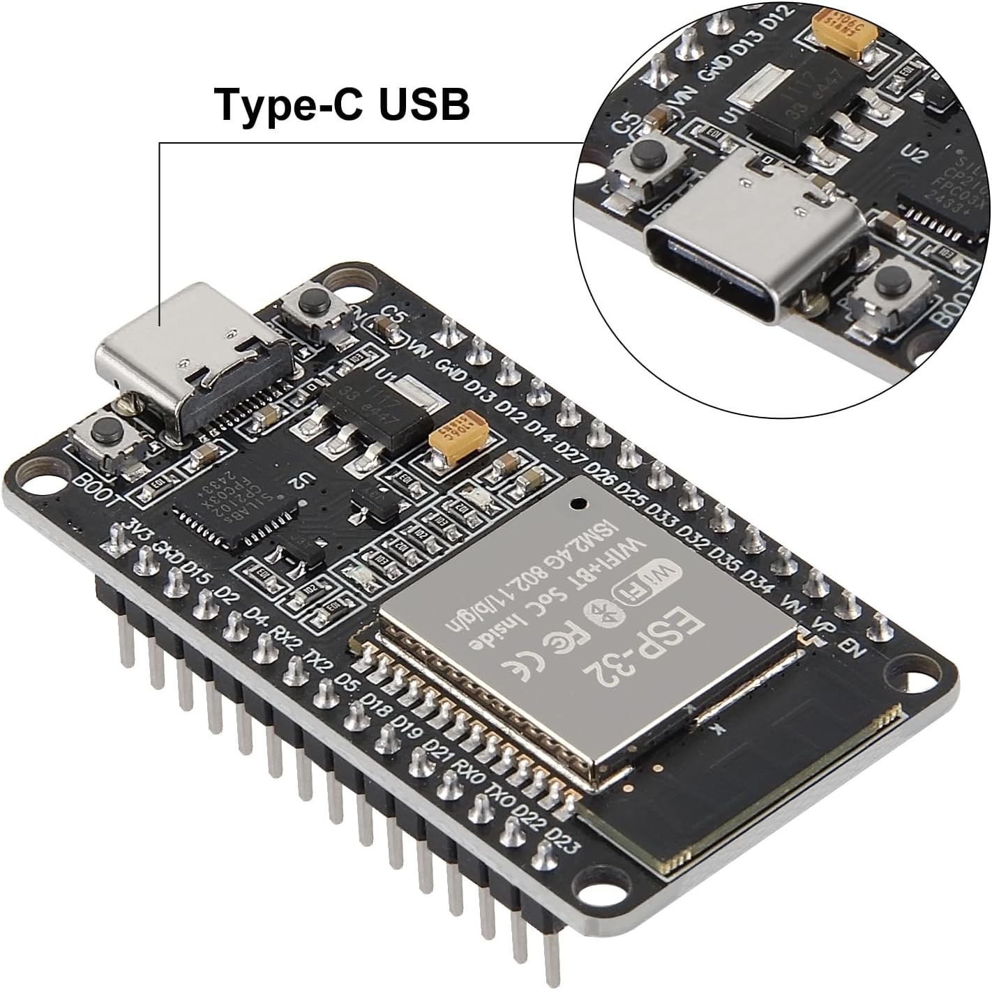 ESP32 ESP-WROOM-32 Wifi and Bluetooth Development Board, 38-Pin, with USB Type-C