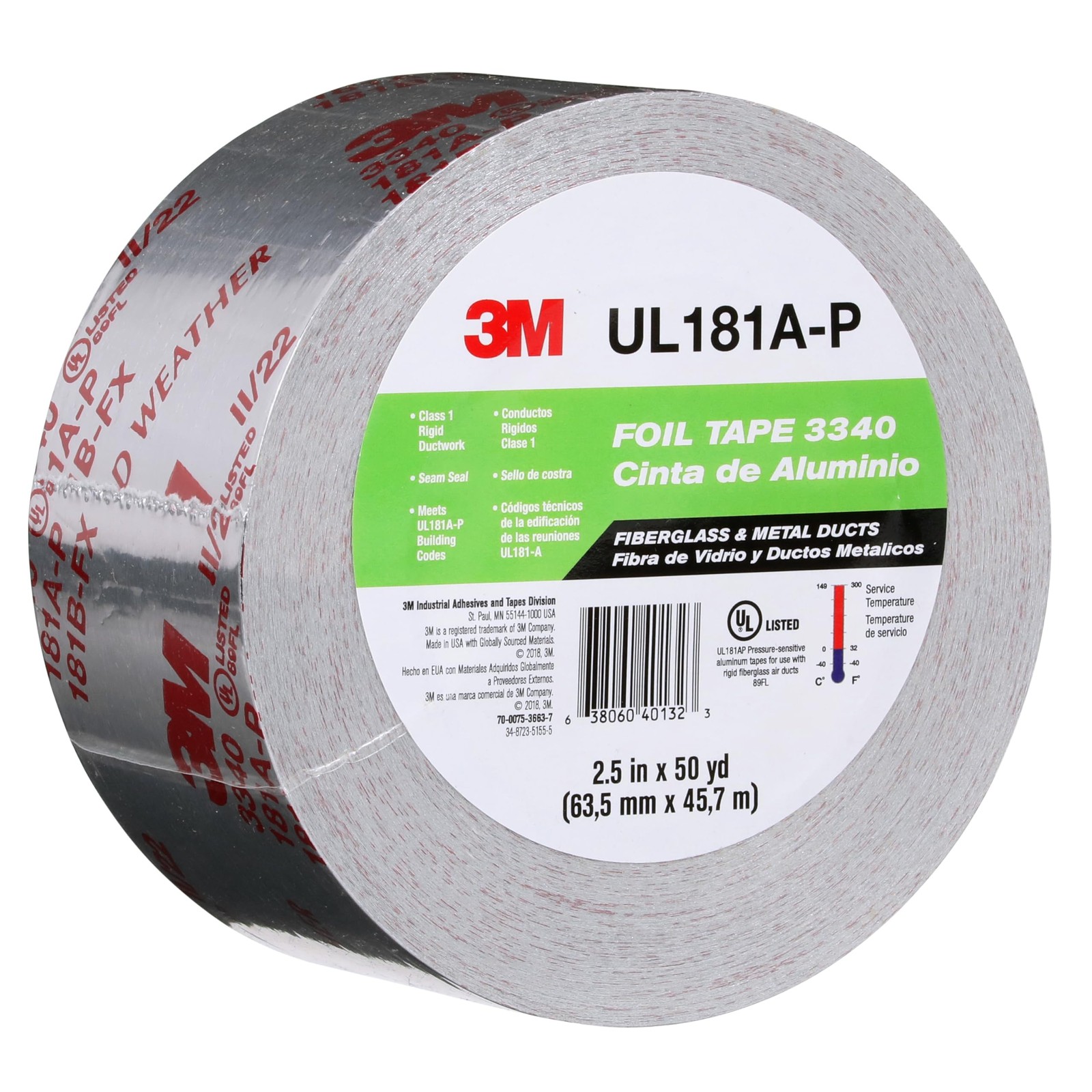 3M Aluminum Foil Tape 3340, 2.5″ 2.5 inches x 50 yards x 0.004 inches, Silver