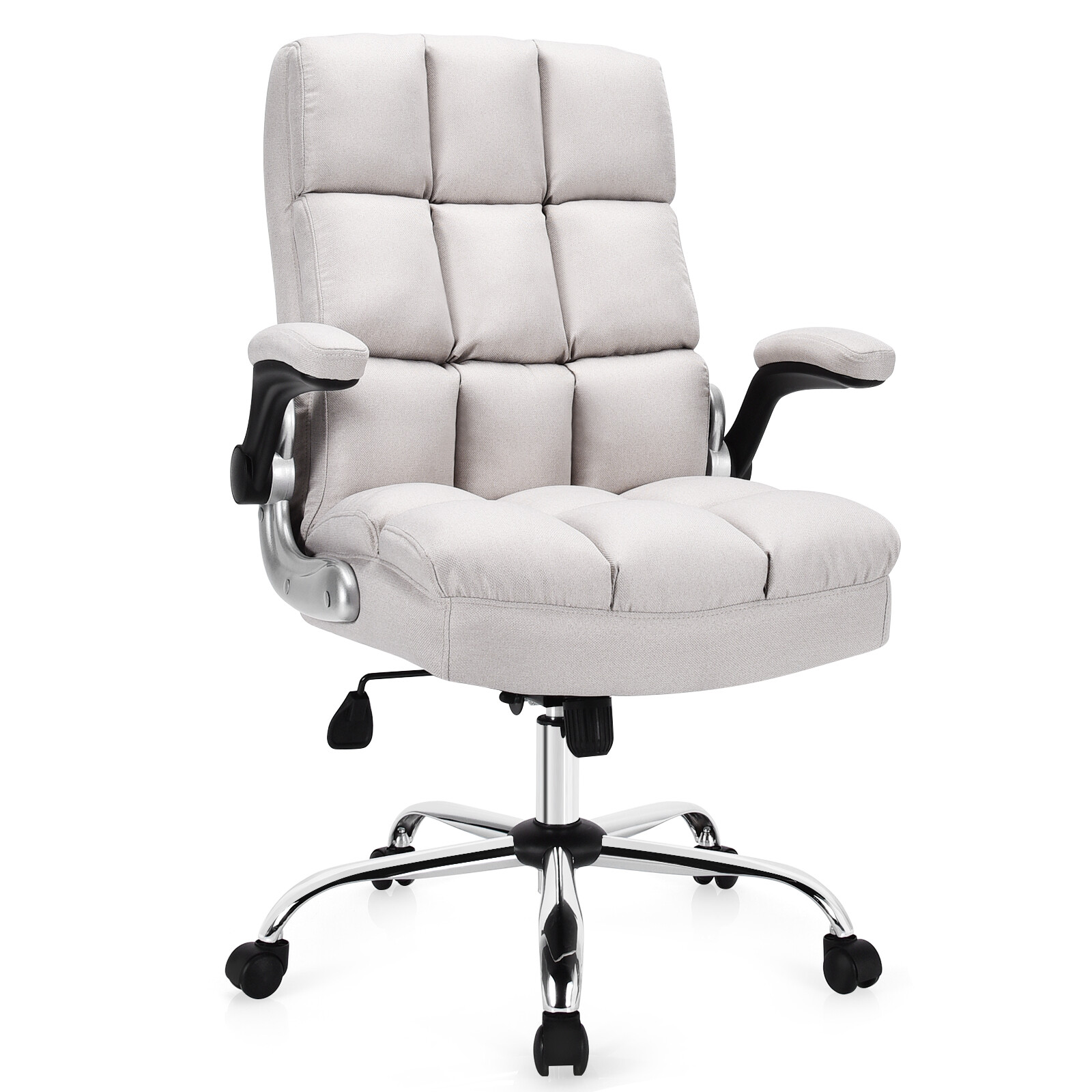 Costway High Back Big & Tall Office Chair Adjustable Swivel w/Flip-up Arm Beige