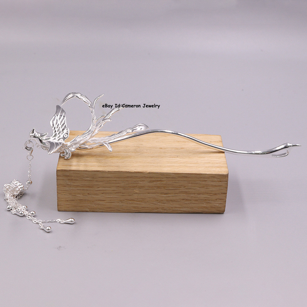 Pure S999 Fine Silver Hairpin Daily Carved Phoenix Hair Stick 24-25g 5inch