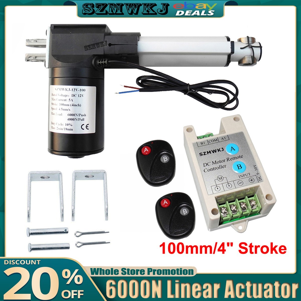 4″ Linear Actuator 1320lbs W/ Remote Controller DC 12V Electric Motor 6000N Lift
