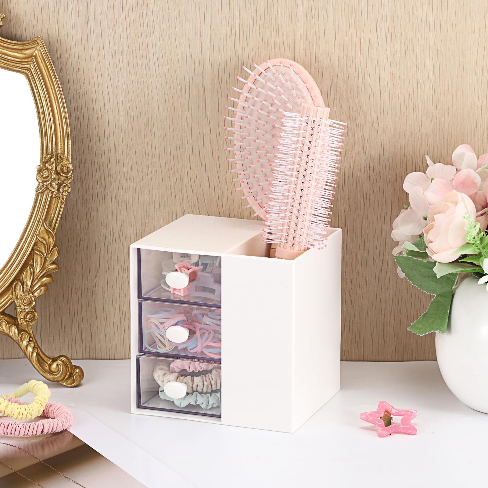 GUSHBIN Hair Accessories Organizer with Brush Holder 3-Layer, White