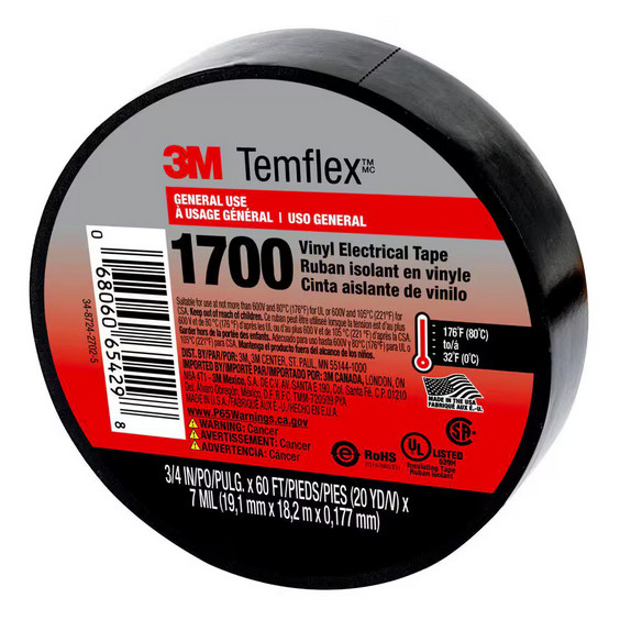Temflex 1700 Electrical Tape 3/4 in x 60 ft Black Vinyl UL Listed