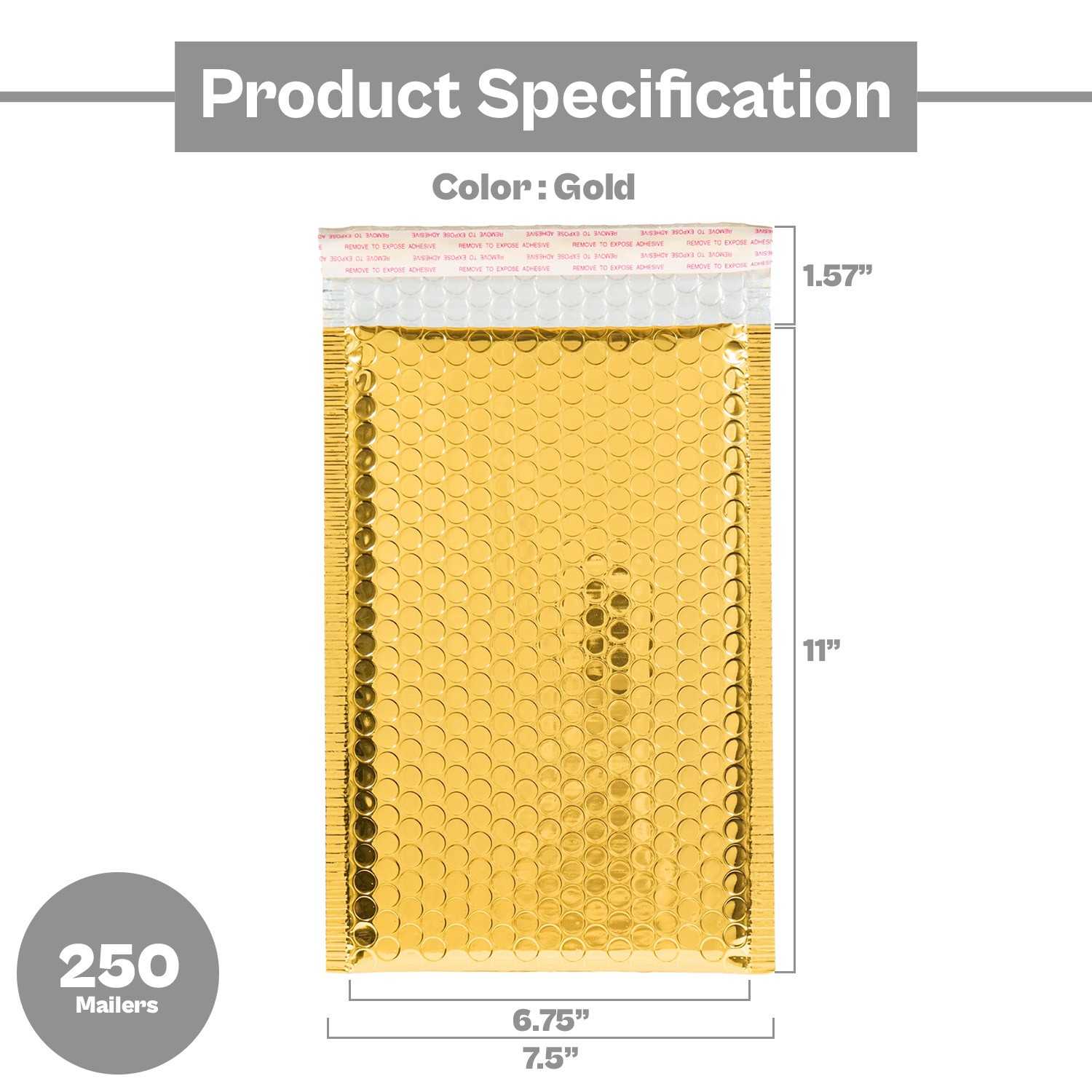 250 Pcs 7.5 x 11 Glamour Metallic Gold Poly Bubble Mailers Padded Envelope