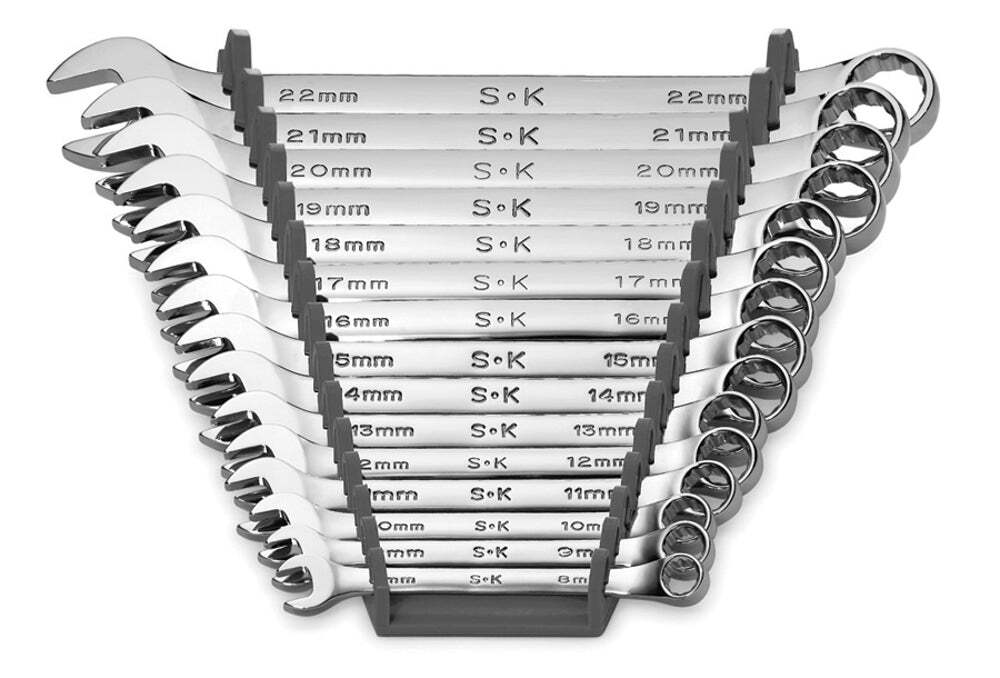 SK Tools 15 Piece 12 Point Metric Regular Combination Chrome Wrench Set (86265)
