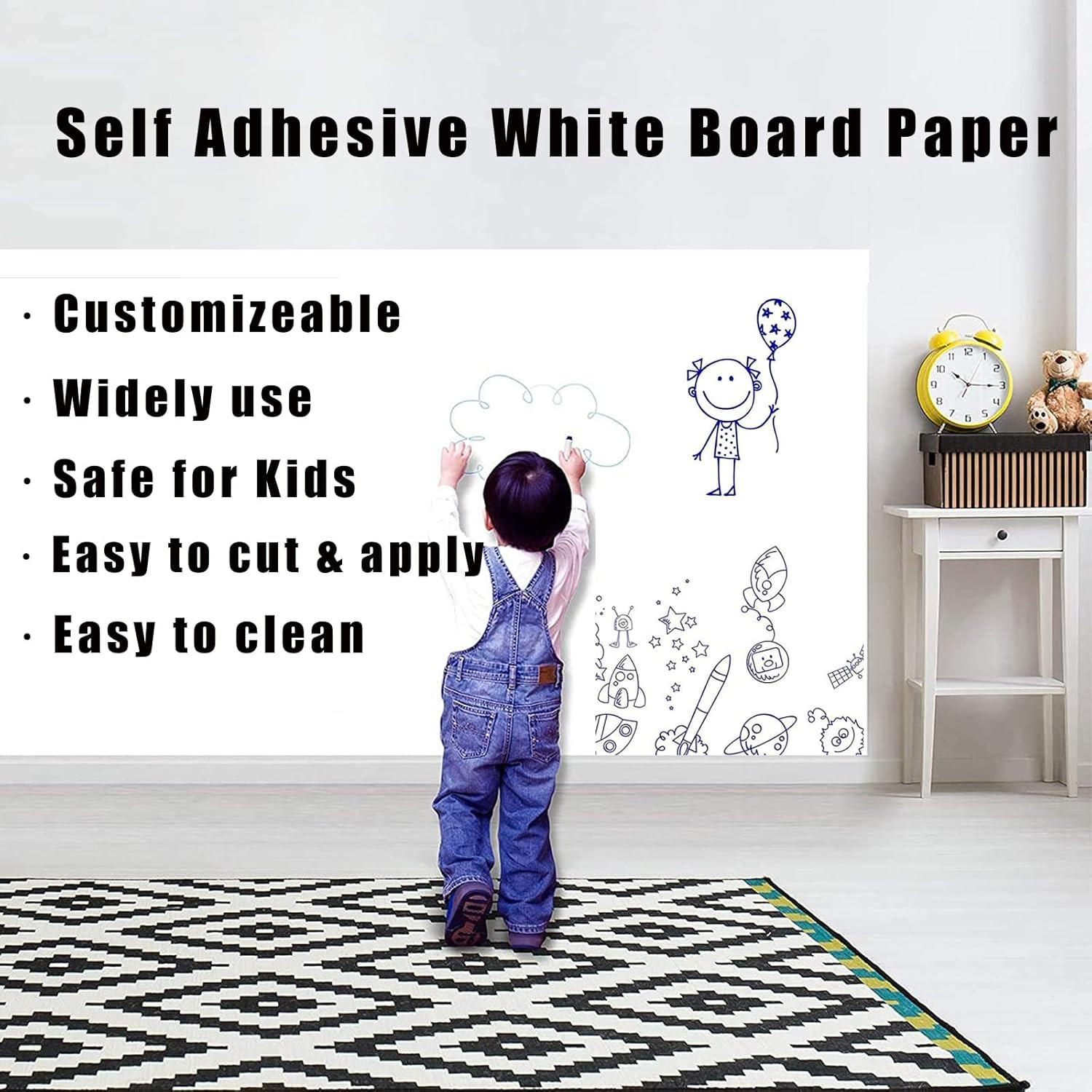 Self Adhesive Dry Erase Whiteboard Paper Roll 17.7″ x 78.7″ with 4 Markers
