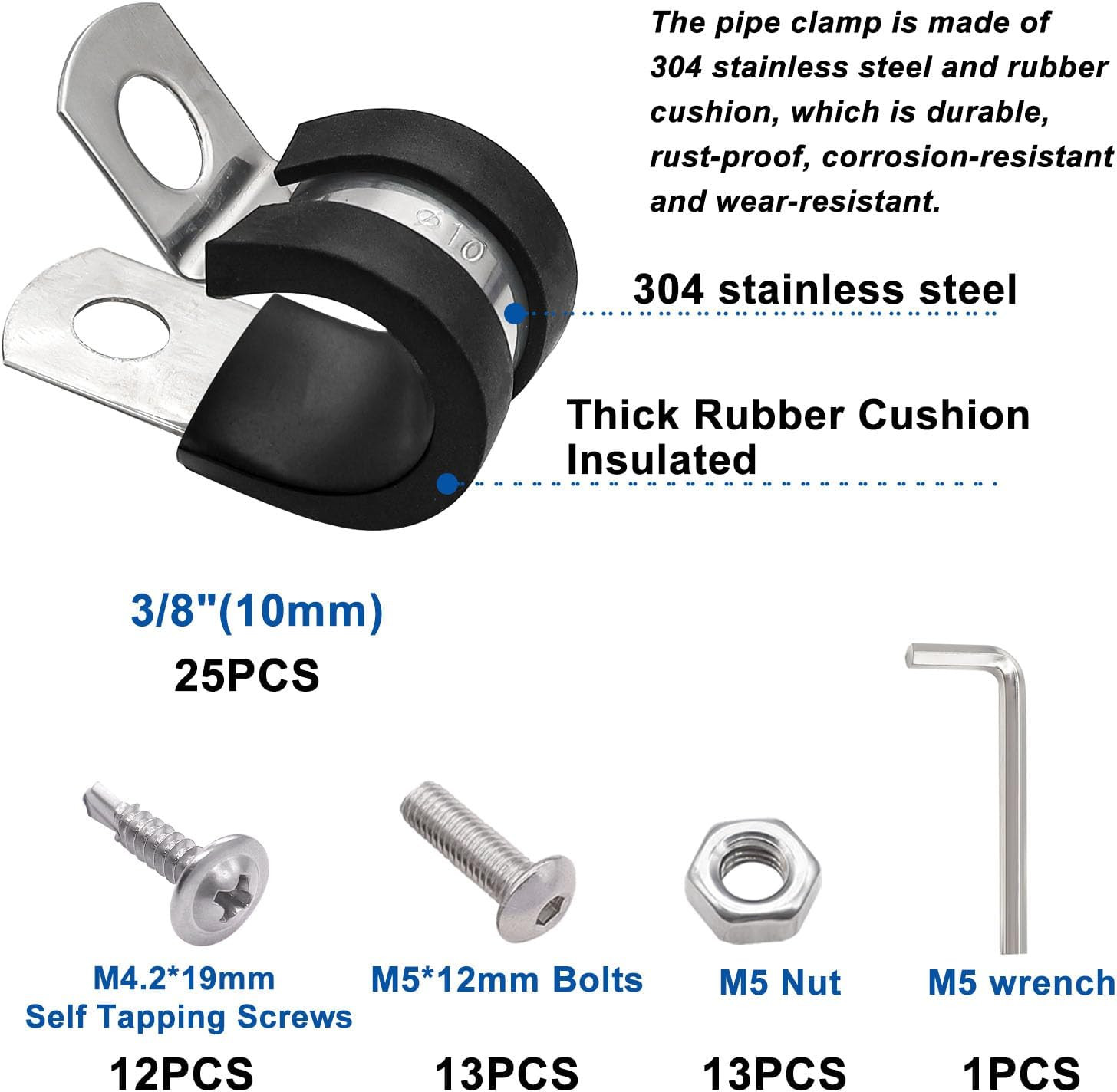 50PCS 3/8 Inch Cable Clamps 304 Stainless Steel Rubber Cushion Insulated Wire Cl