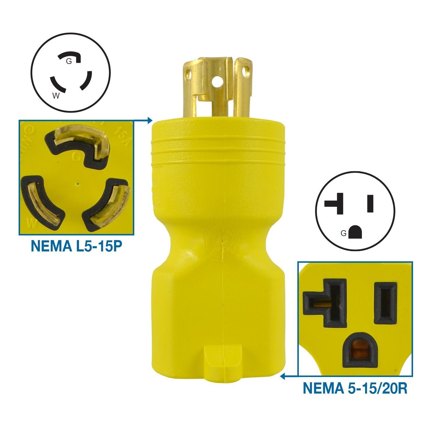 Conntek 30128-YW Plug Adapter NEMA L5-15P to 5-15/20R