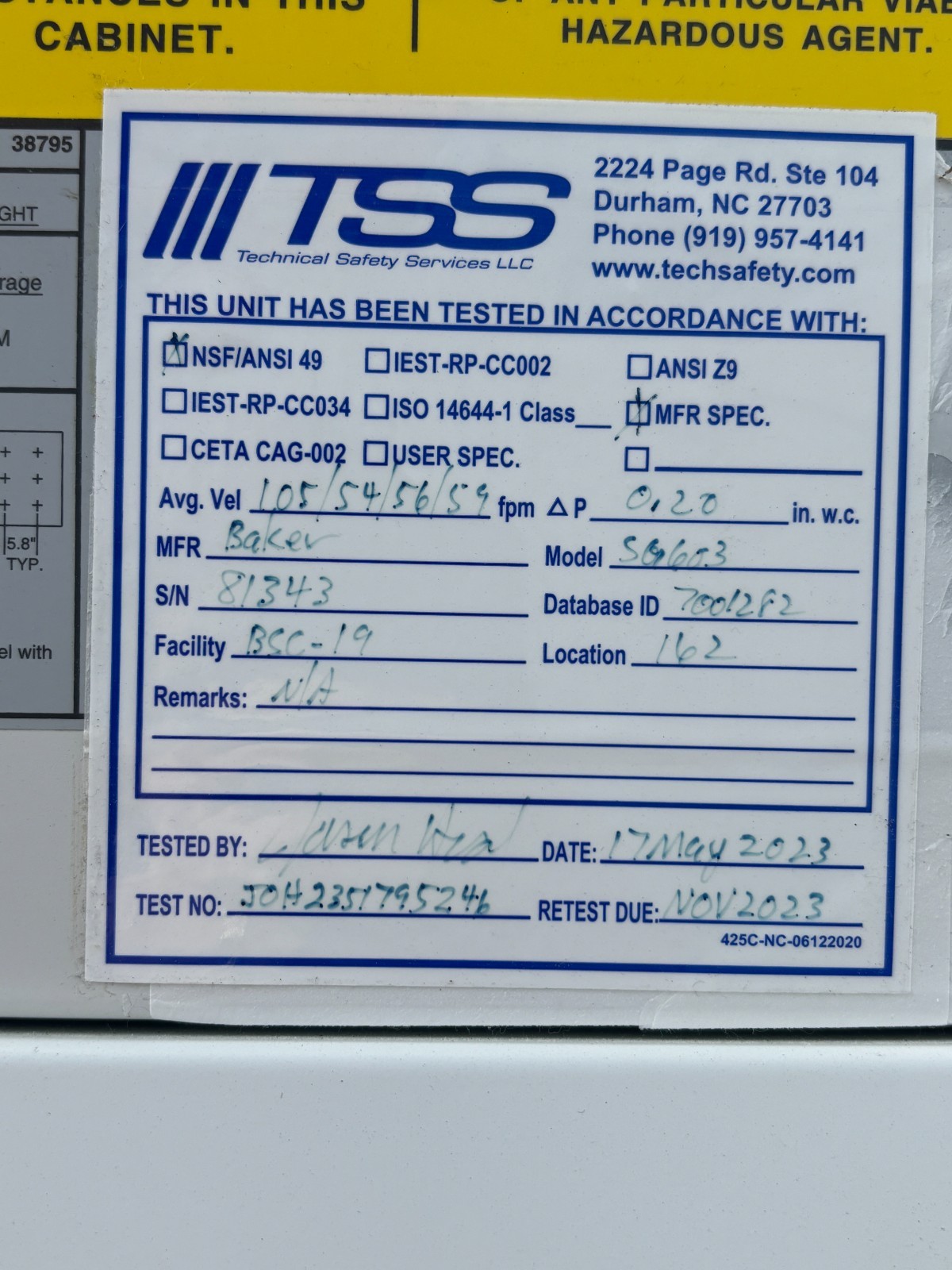 6Ft Baker SterilGard III Advance SG603 A/B3 Laboratory Biological Safety Cabinet