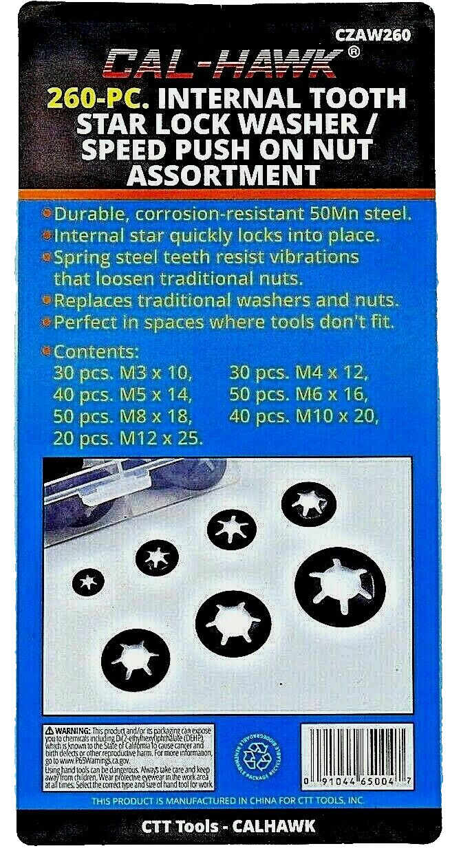 260-Pc Internal Tooth Star Lock Spring Quick Washer Push On Speed Nut Assortment