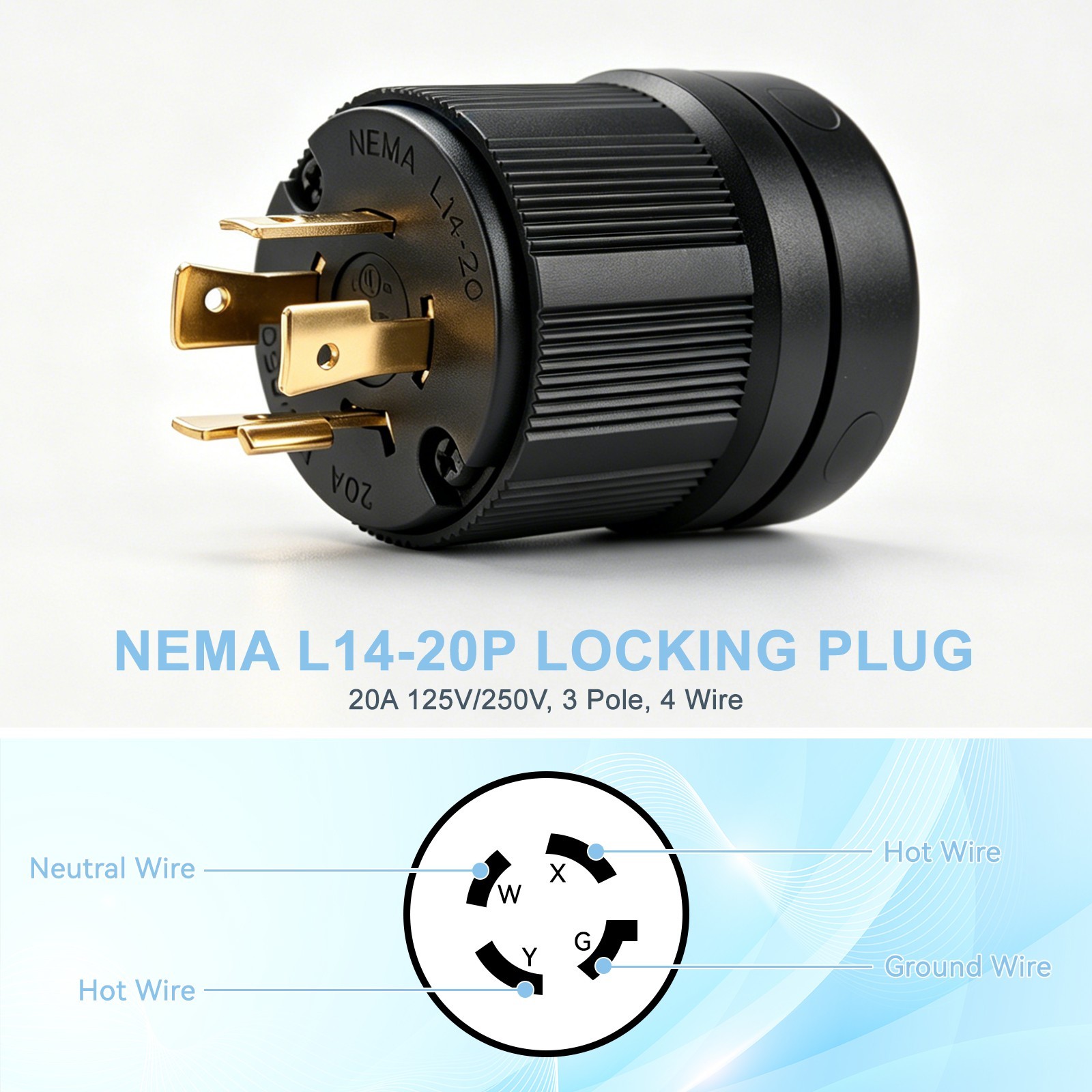 L14-20P Twist Lock Male Plug – 20 Amp 125/250V NEMA Generator Connector –Black