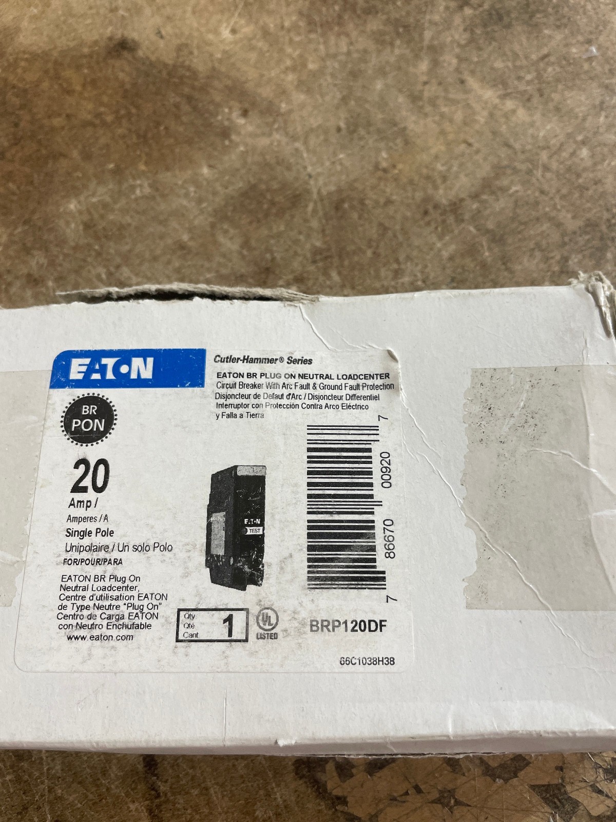 Eaton BRP120DF Type BR 20A 1P Plug-On Neutral AF/GF Circuit Breaker