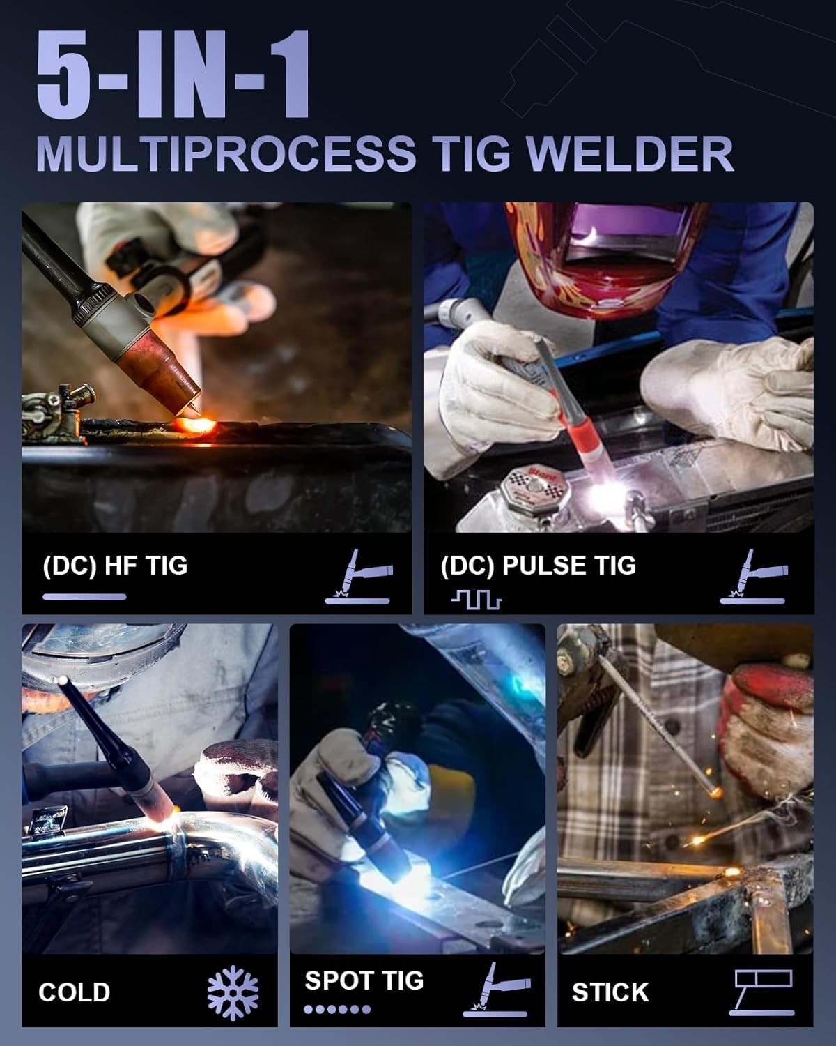 AZZUNO 5 In 1 Cold TIG Welding Machine 180A Cold Spot Stick/TIG Welder 110V/220V