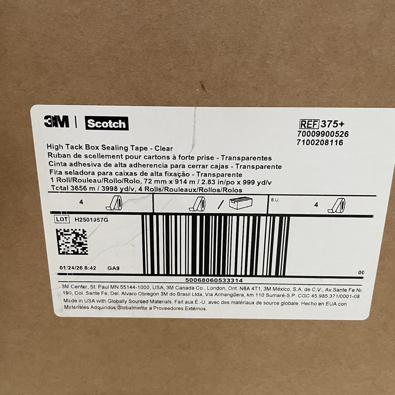 3M Scotch 375+ High Tack Box Sealing/Shipping Tape Clear 72mmX914m 4 Rolls/Case