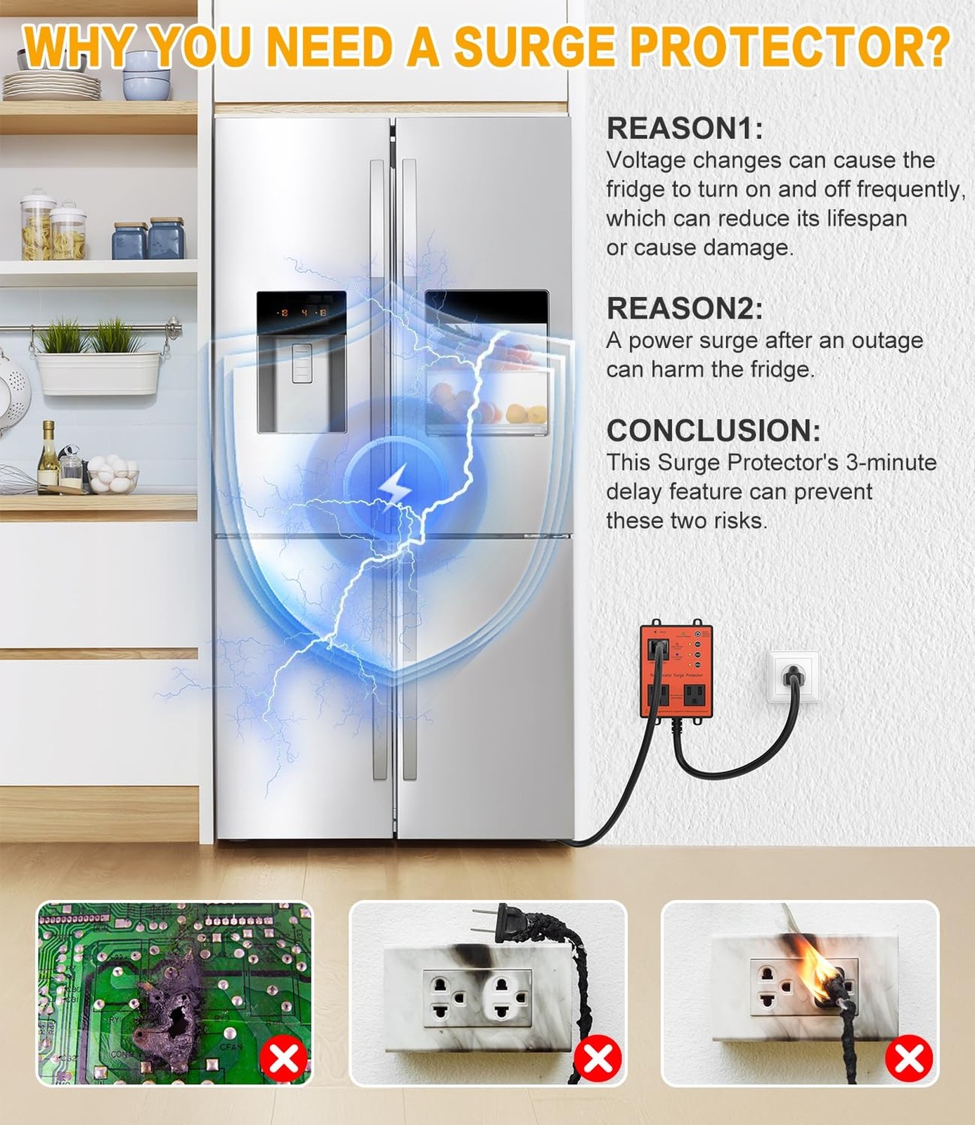 Refrigerator Surge Protector, 3-Outlet 120V for Home Appliance Surge Protecto…