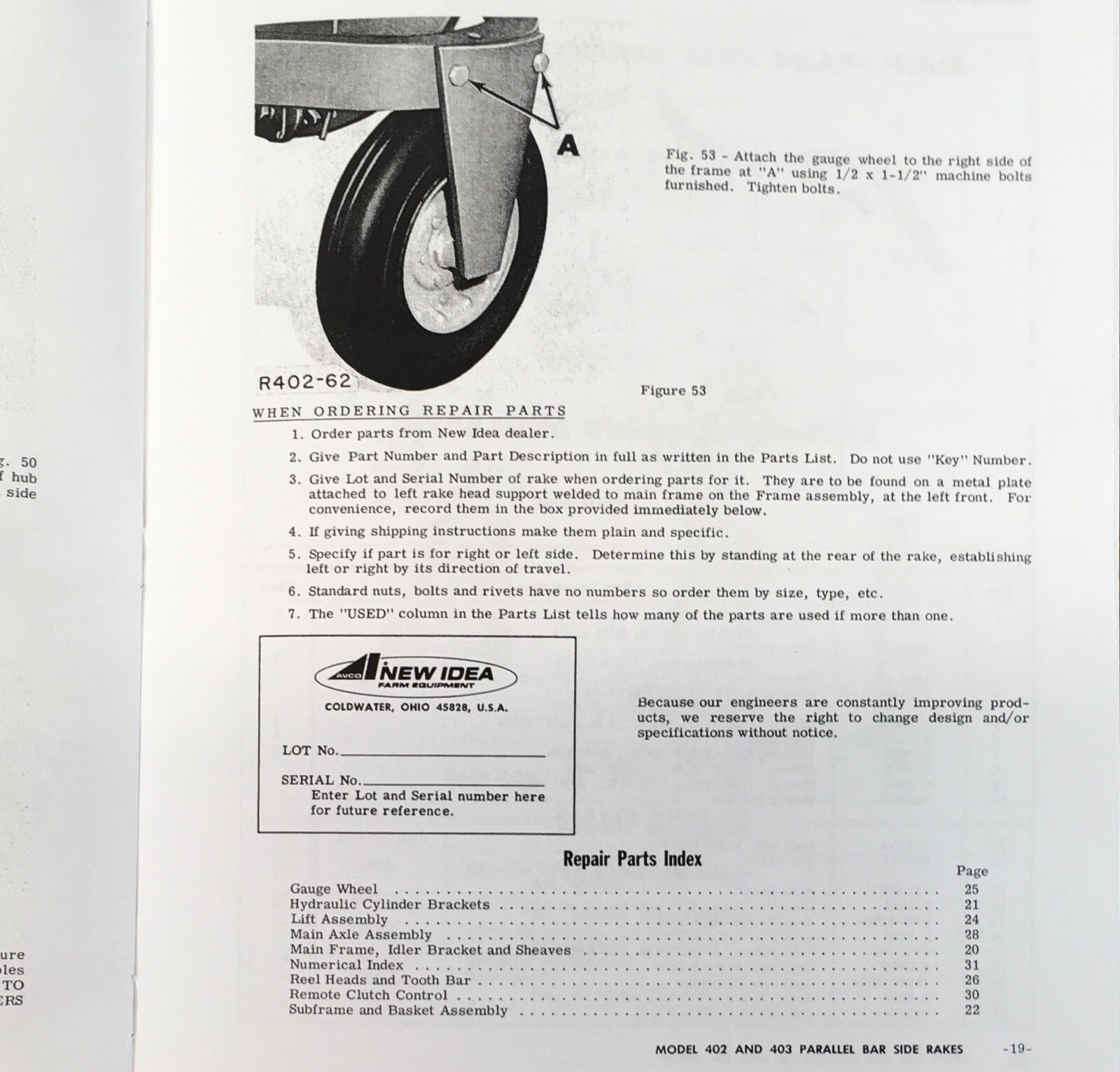 New Idea 402 5 Bar 403 4 Bar Parallel Side Rake Operators Owners Manual