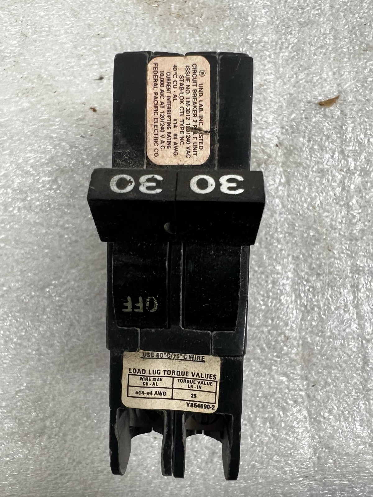 Federal Pacific Electric FED 0230 2P 30A STAB-LOC Miniature Circuit Breaker