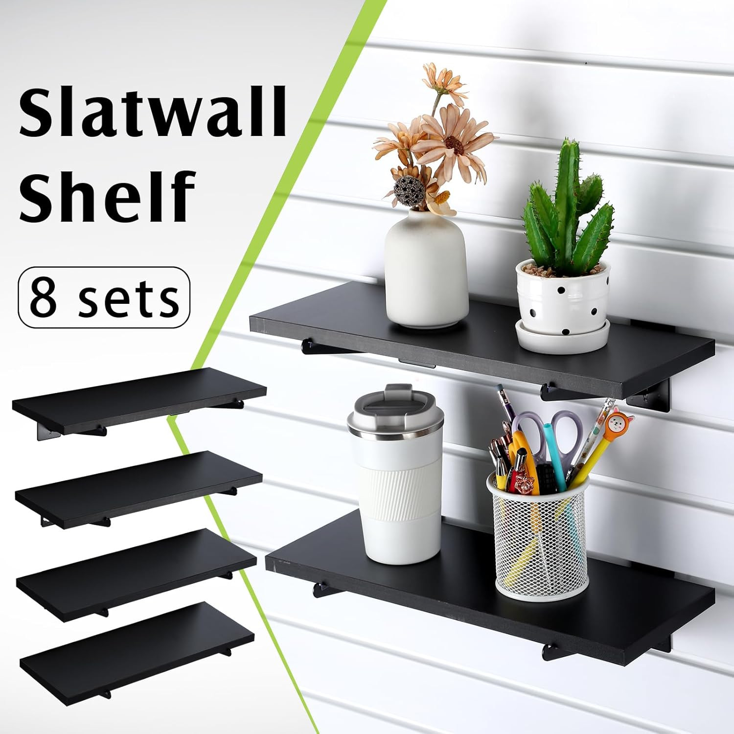 Beeveer 8 Pack Wooden Slatwall Shelf Set 15.7 × 5.9 Inch Black Slatwall Shelves