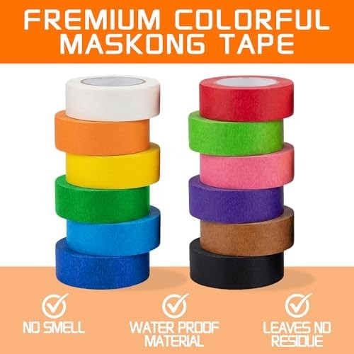 12 Rolls Colored Masking Tape 0.7Inch x 13Yards Painters Tape for Arts Crafts Sc