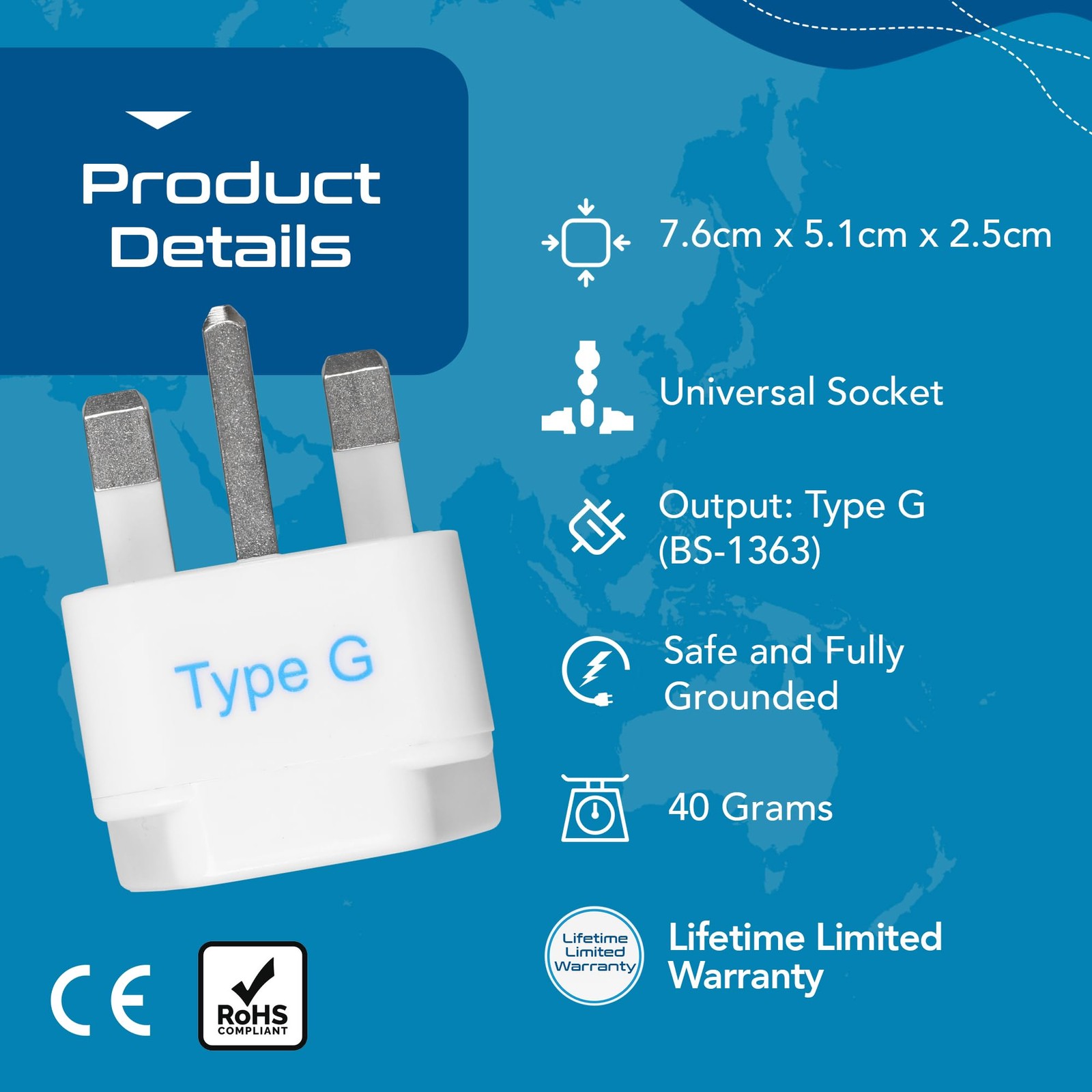 Ceptics UK, Hong Kong, Ireland, UAE Travel Plug Adapter (Type 3 Pack, White