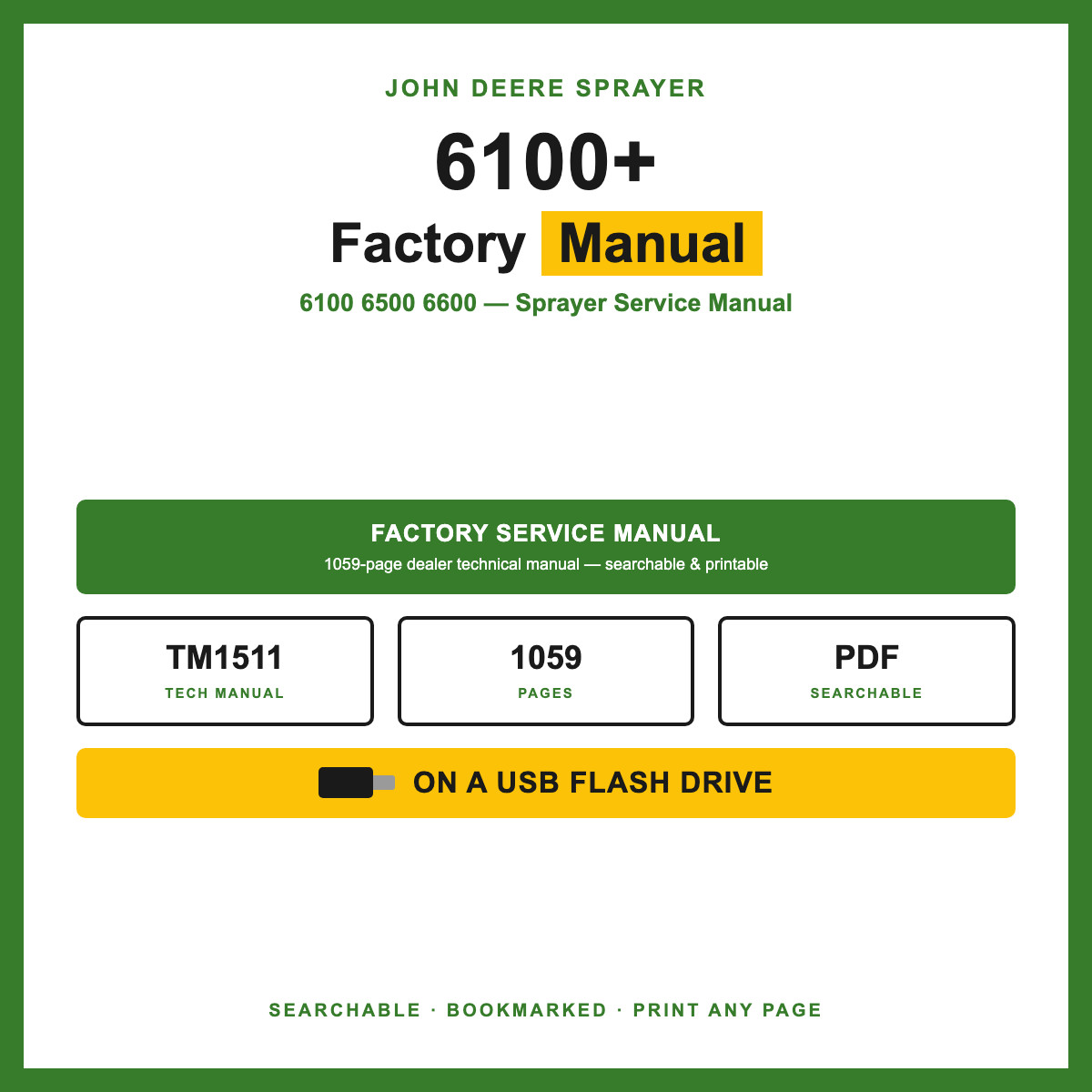 John Deere 6100 6500 6600 Sprayer Service Manual TM1511 USB