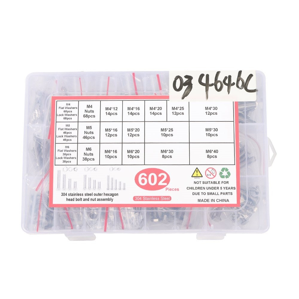 M4 M5 M6 Stainless Steel Metric Nuts and Bolts Assortment Kit 602PCS