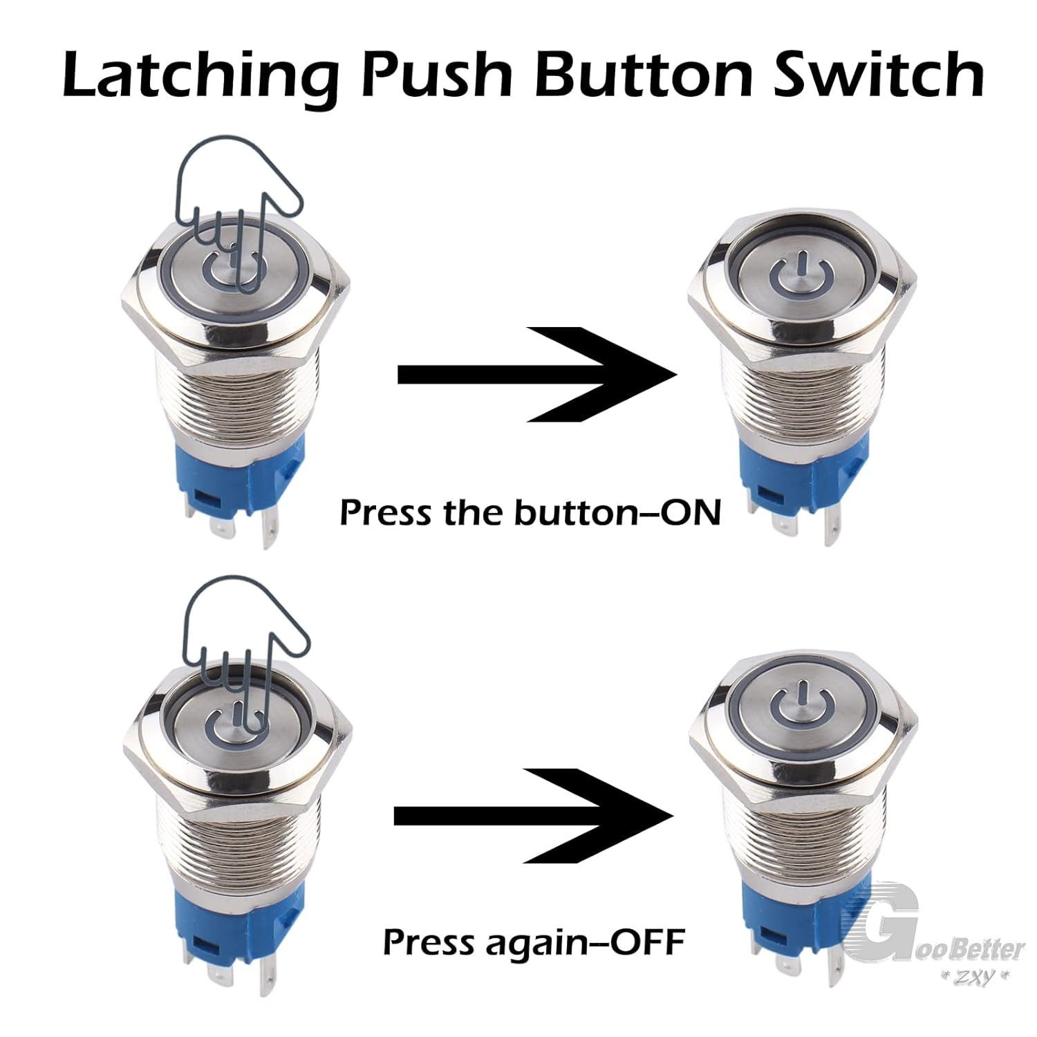 22mm LED ON OFF Waterproof Stainless Steel Latching Push Button Power Switch