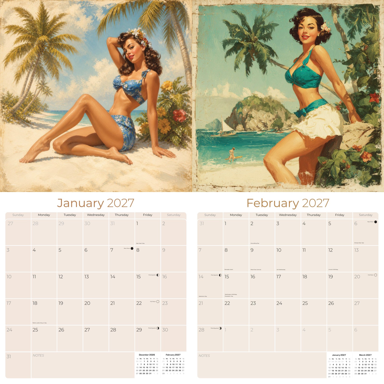 Vintage Pin Ups Wall Calendar 2026 FULL SIZE 12×24 Made in USA