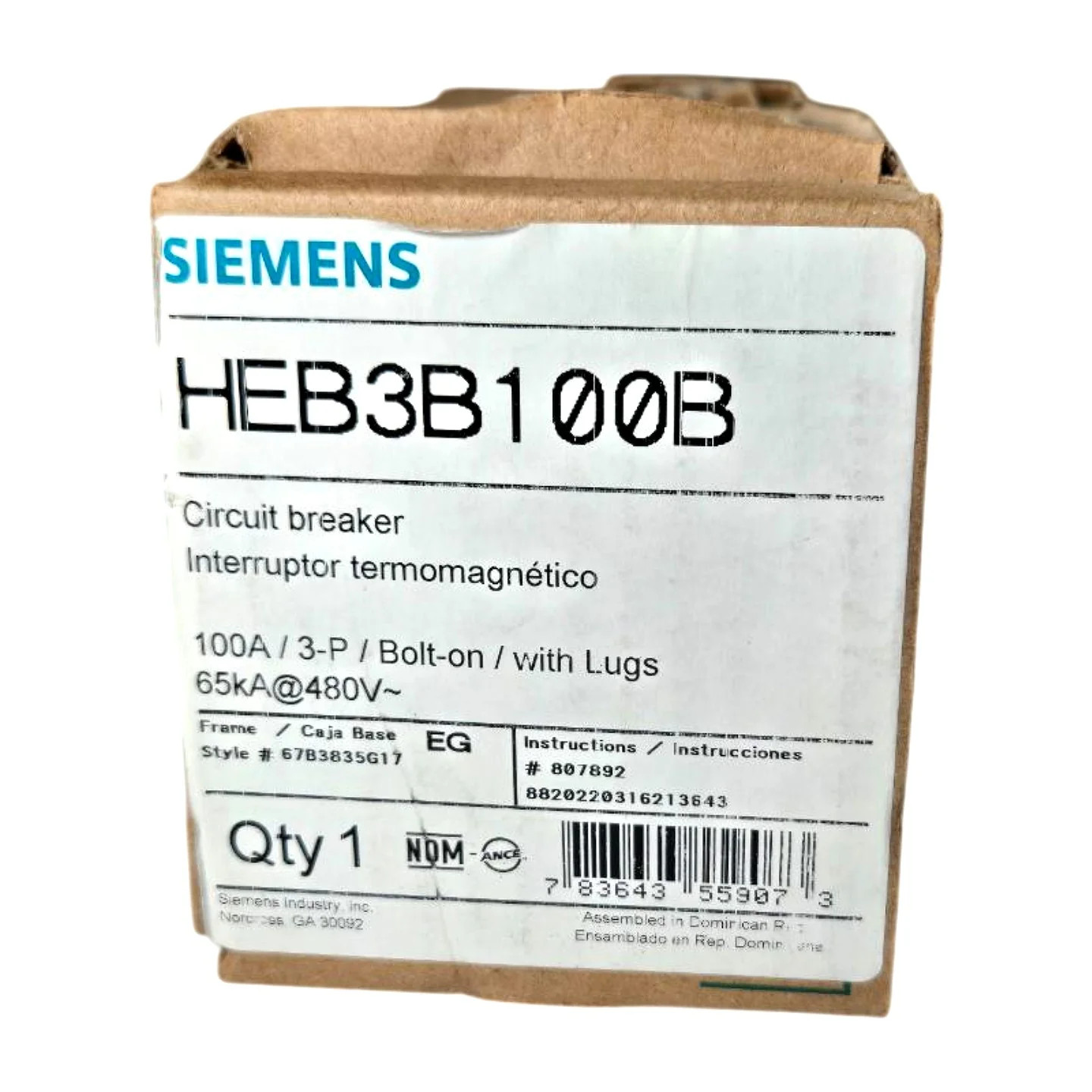 Siemens HEB3B100B 100A 3-Pole 480V 65kA Molded Case Circuit Breaker