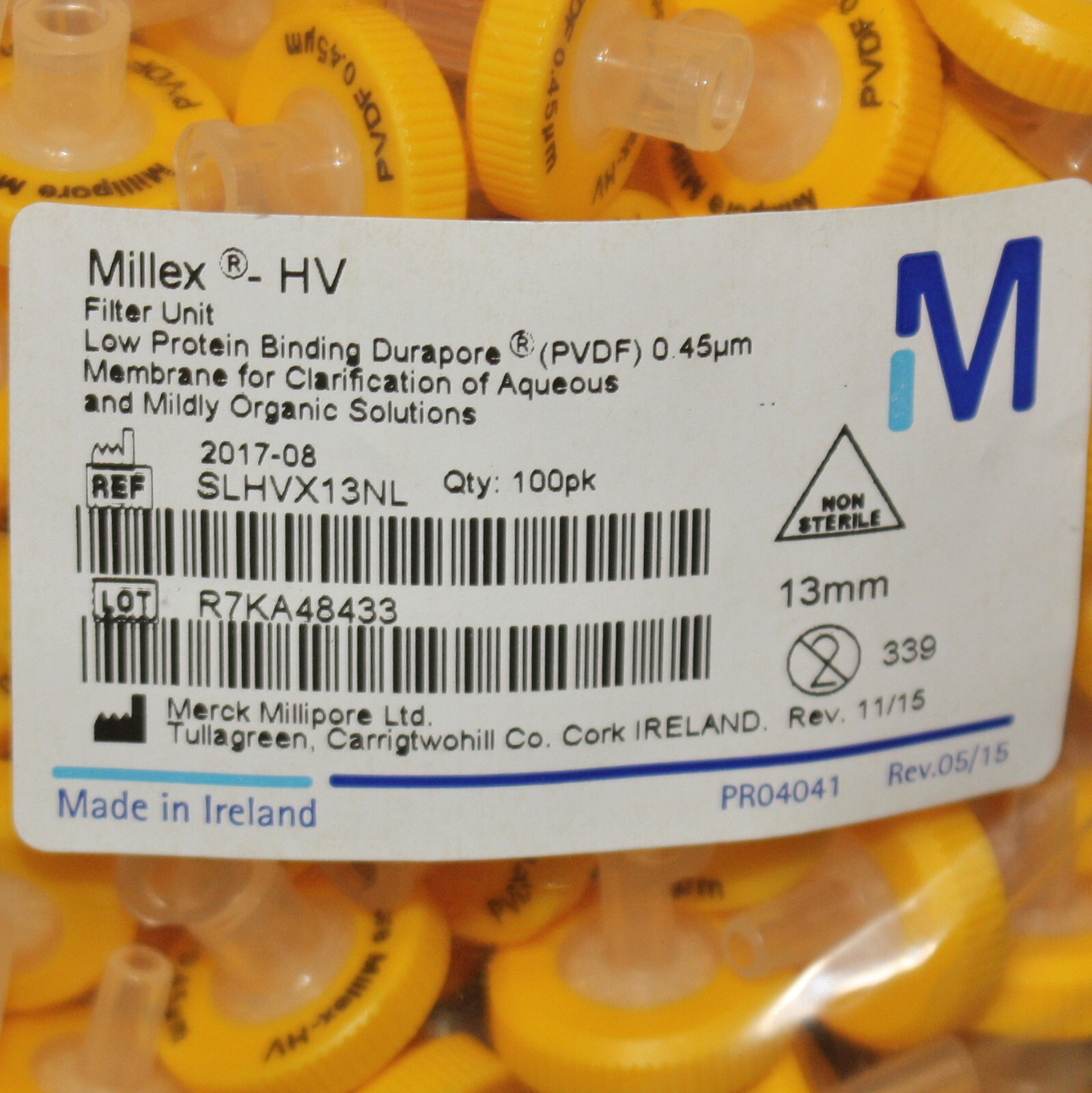 (100) Millipore Millex HV Syringe Filter Unit SLHVX13NL, 0.45 μm, PVDF, 13mm