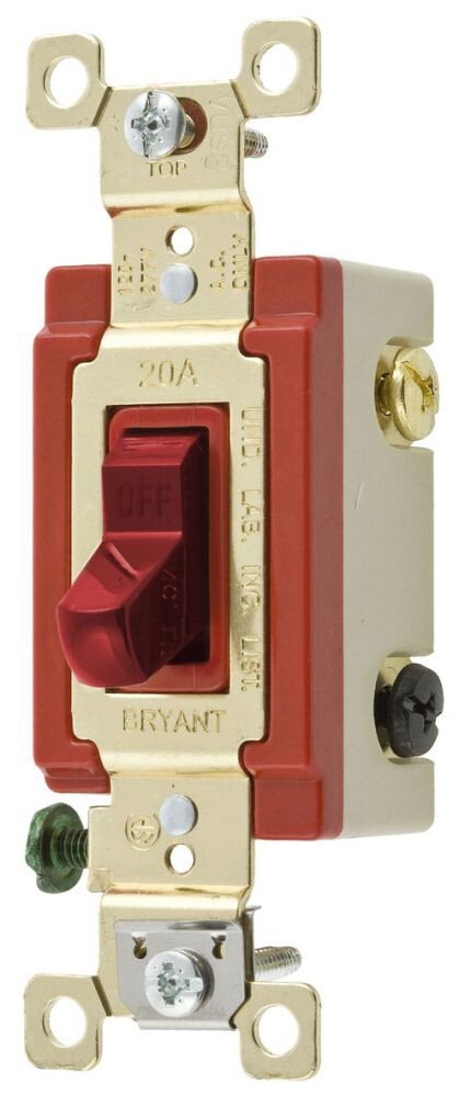 BRYANT 4904RED, Toggle Switch, 120/277 VAC, 20 A, Side/Back Wired, Red, 1pc