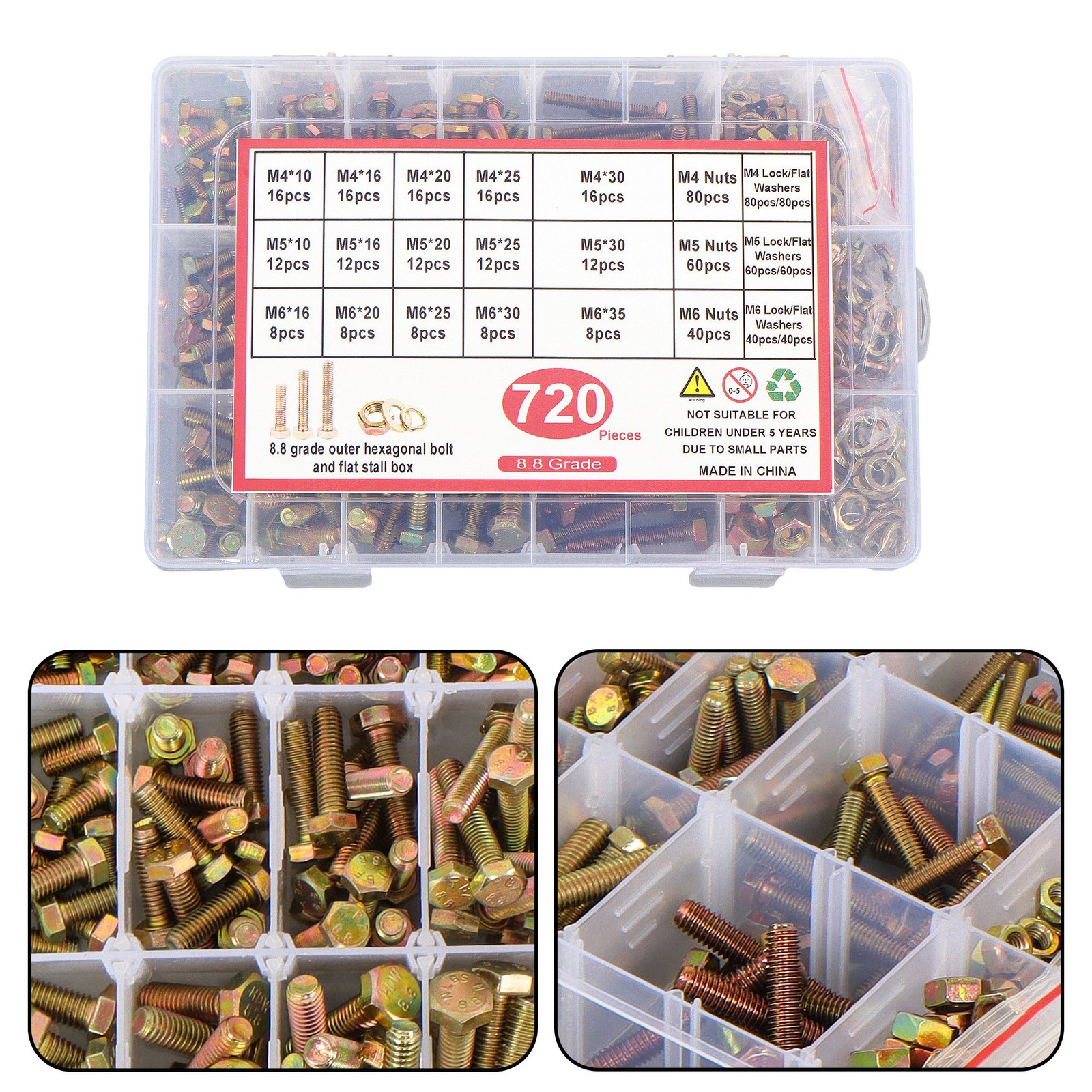720PCS M4 M5 M6 BOLTS AND NUTS ASSORTMENT KIT GRADE 8.8 ALLOY STEEL HEX 15 SIZES