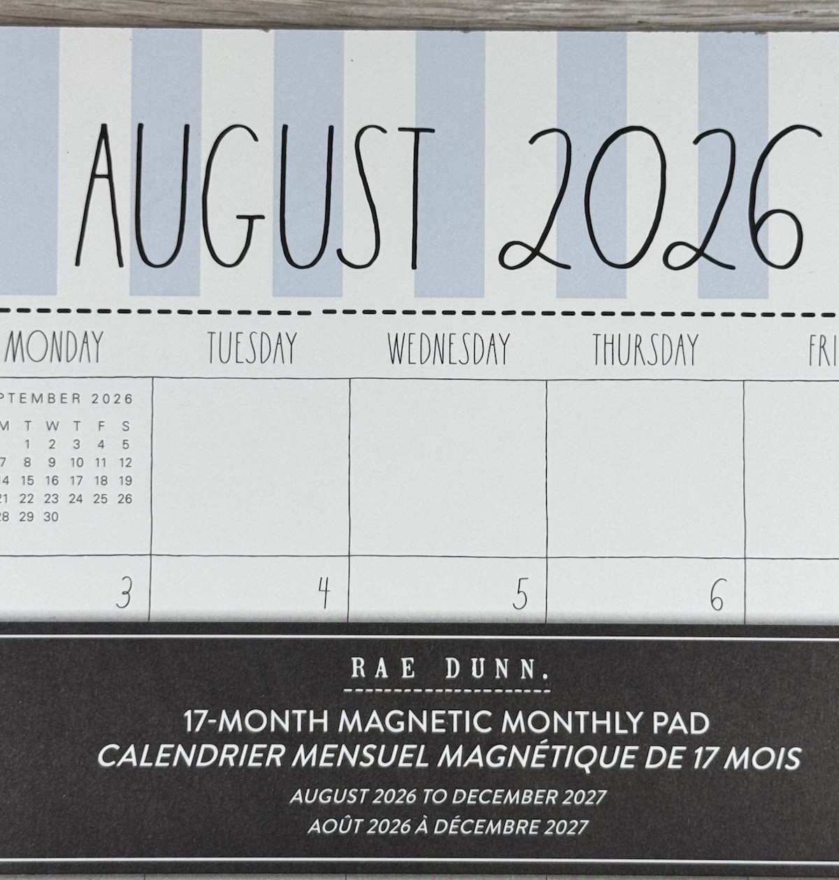 RAE DUNN 2026 2027 Magnetic 17 Monthly Pad Calendar Planner Blue Stripe 9.5×8.5″