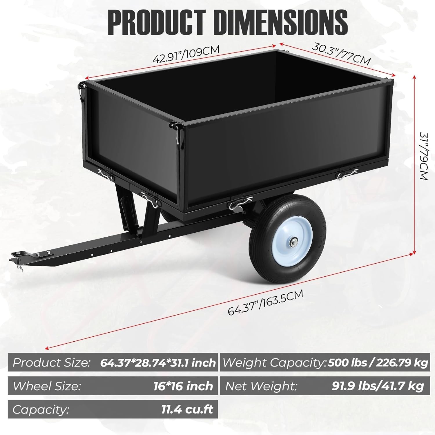 500LBS Heavy Duty Tow Behind ATV Trailer Dump Cart Pull Behind Yard Wagon Cart