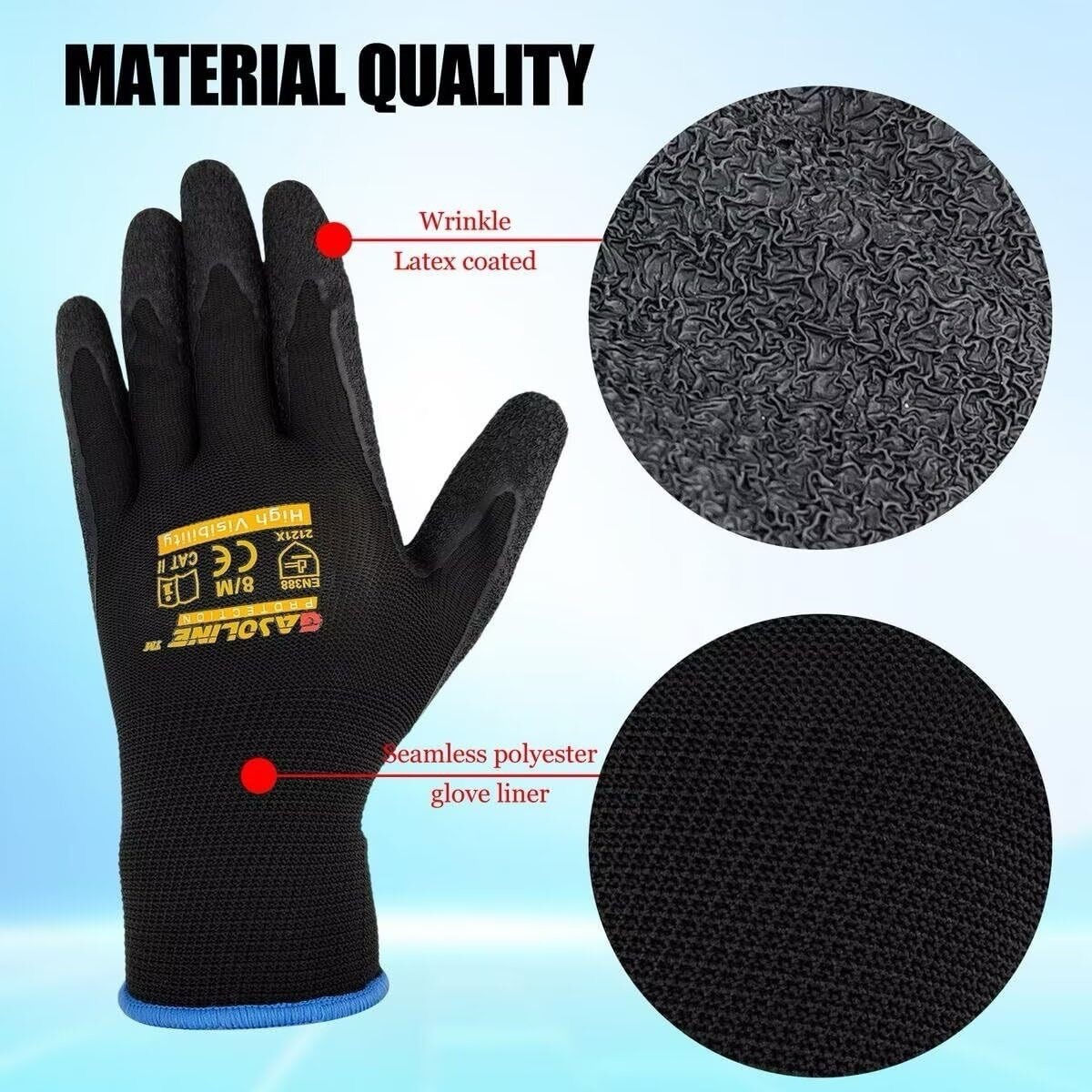 12 Pair Gasoline Black Safety Gloves Latex Coated Grip Cut Resistant