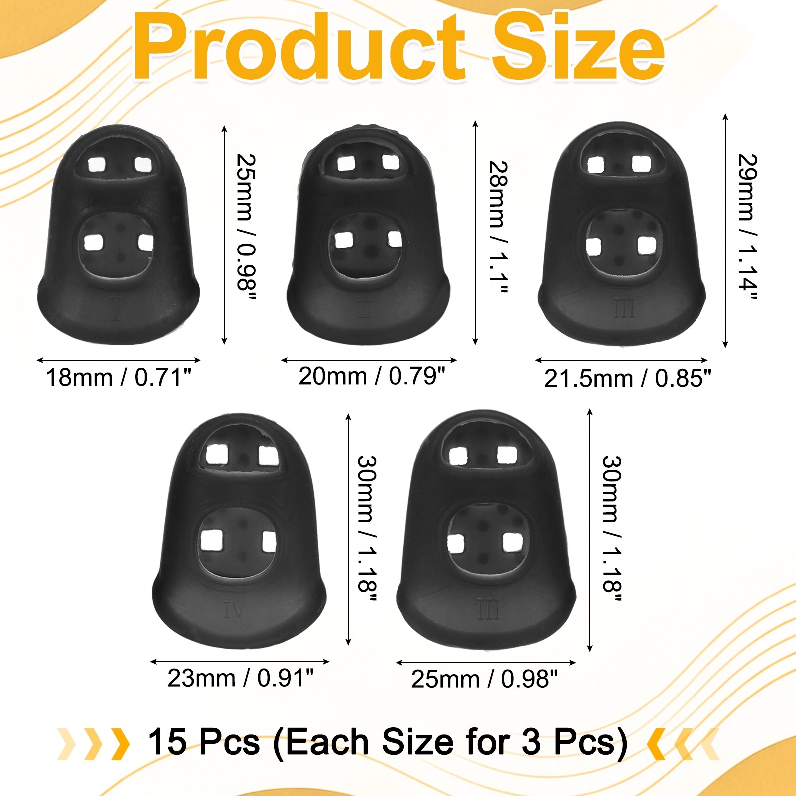 15 Pcs Silicone Finger Tips, 18/20/21.5/23/25mm Reinforced Finger, Black