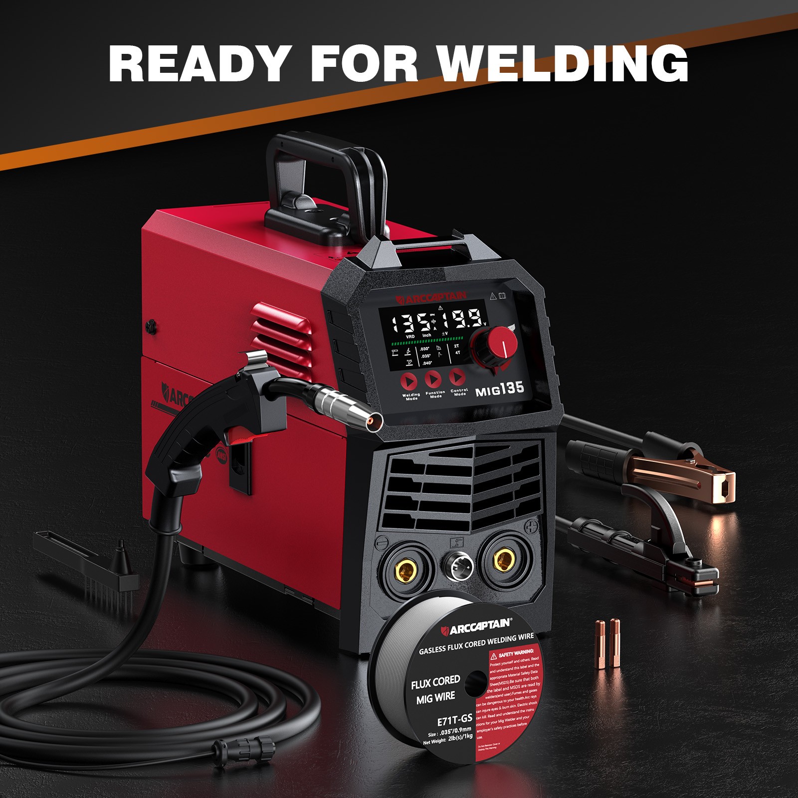 ARCCAPTAIN 135A MIG Welder Flux Core MIG Lift TIG Stick Large LED Display Welder