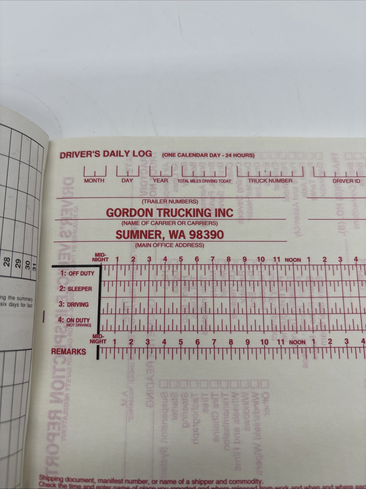 Gordon Trucking Sumner Washington Driver Daily Log Book-UN-USED-FAST SHIPPING