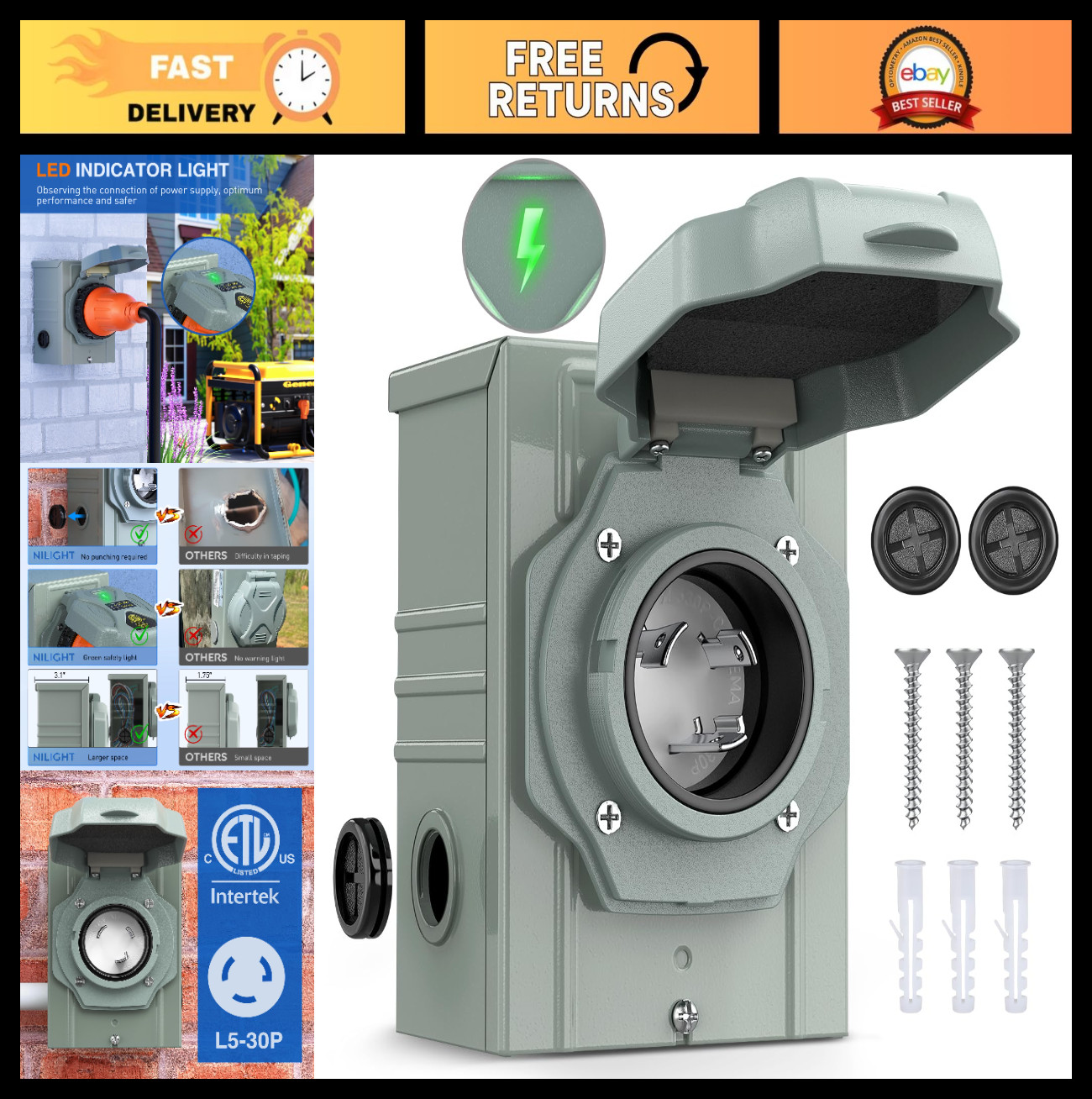 30 AMP Generator Power Inlet Box 125V NEMA L5-30P Waterproof Outlet for RV, Camp
