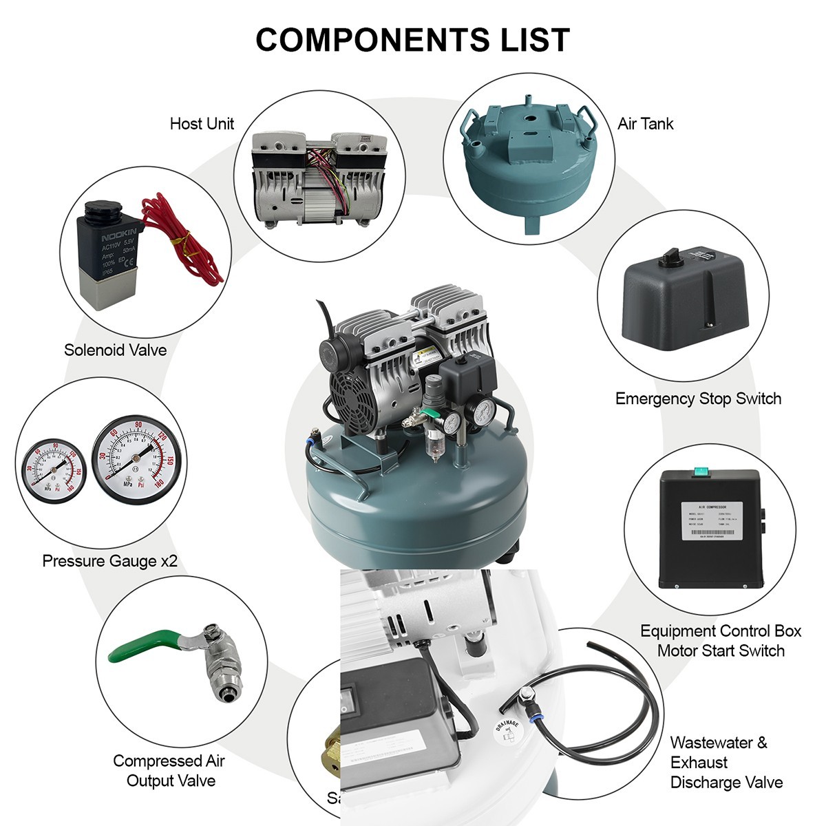 600W 24L Portable Dental Air Compressor Oil Free Silent Air Pump 110V
