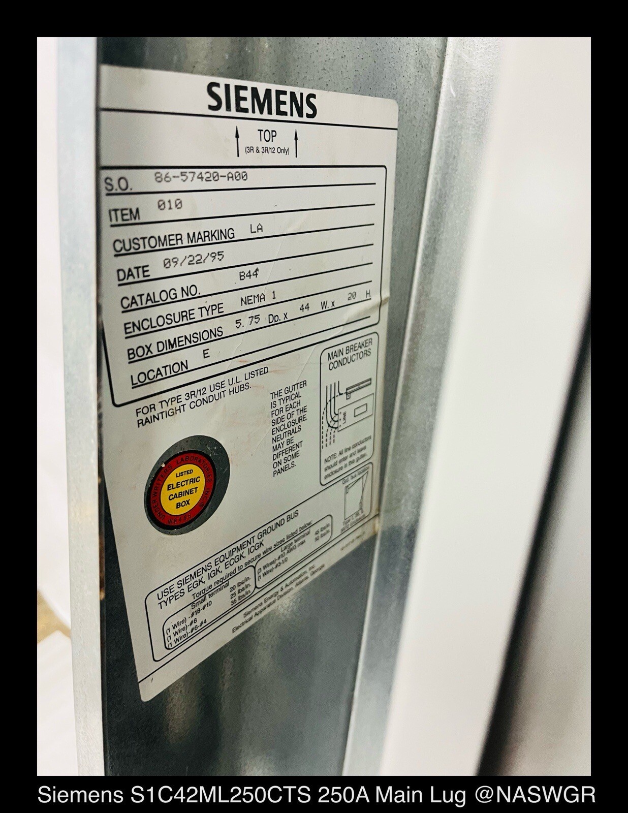 S1C42ML25CTS ~ Siemens S1C42ML25CTS 250A S1 Main Lug Panel 208Y/120V 3P/4W