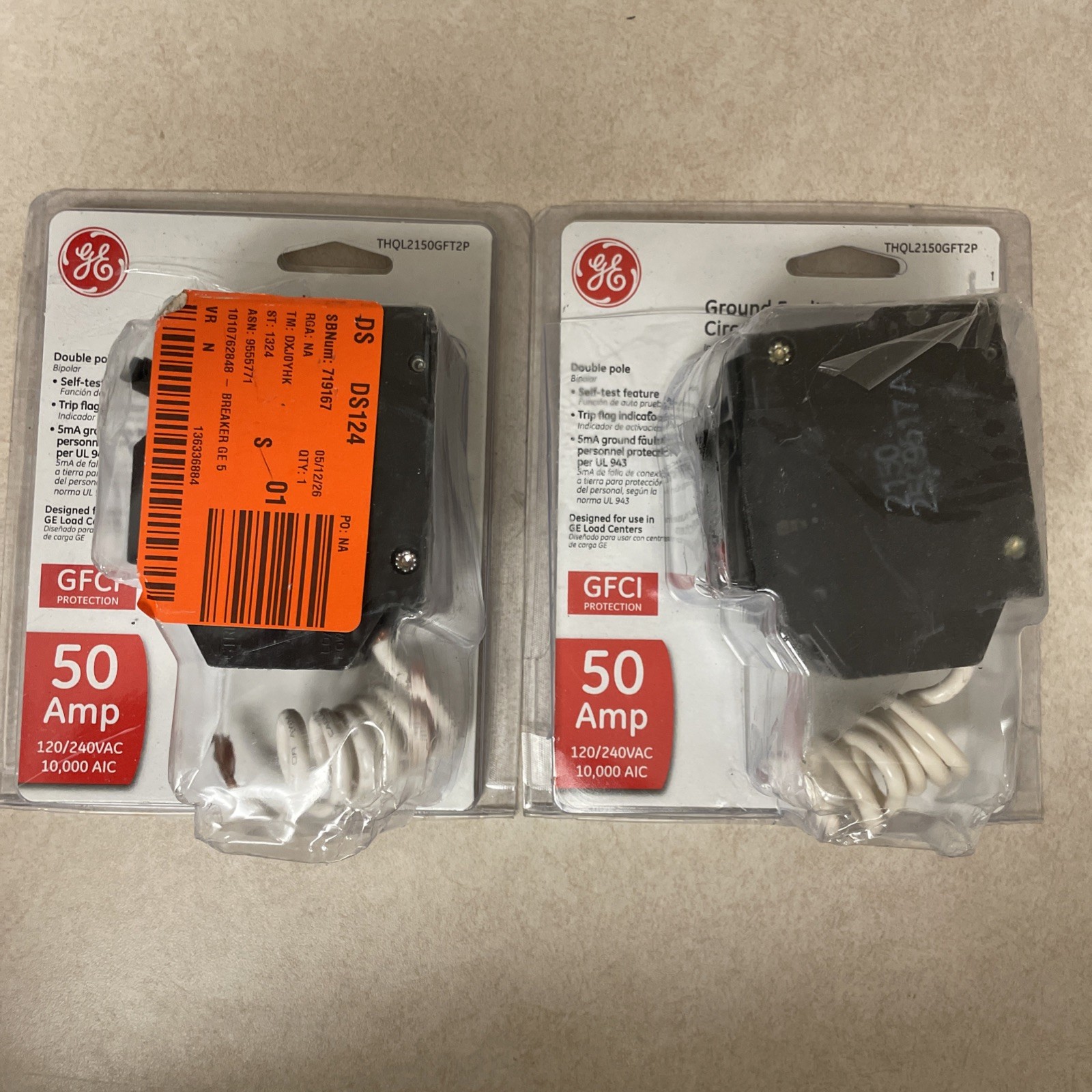 (2) GE Ground Fault Circuit Breaker THQL2150GFT2P 50A Double Pole 120/240 VAC