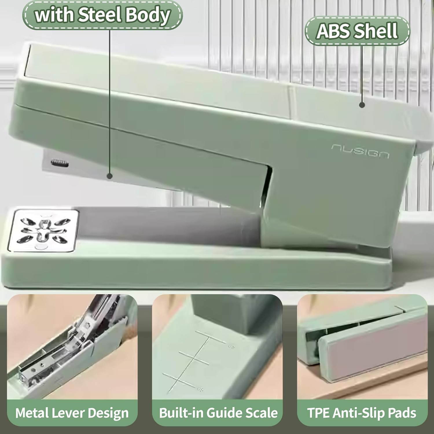 Swing-Arm Desktop Stapler, 360° Rotating Base, 25-Sheet Capacity, Fits Green