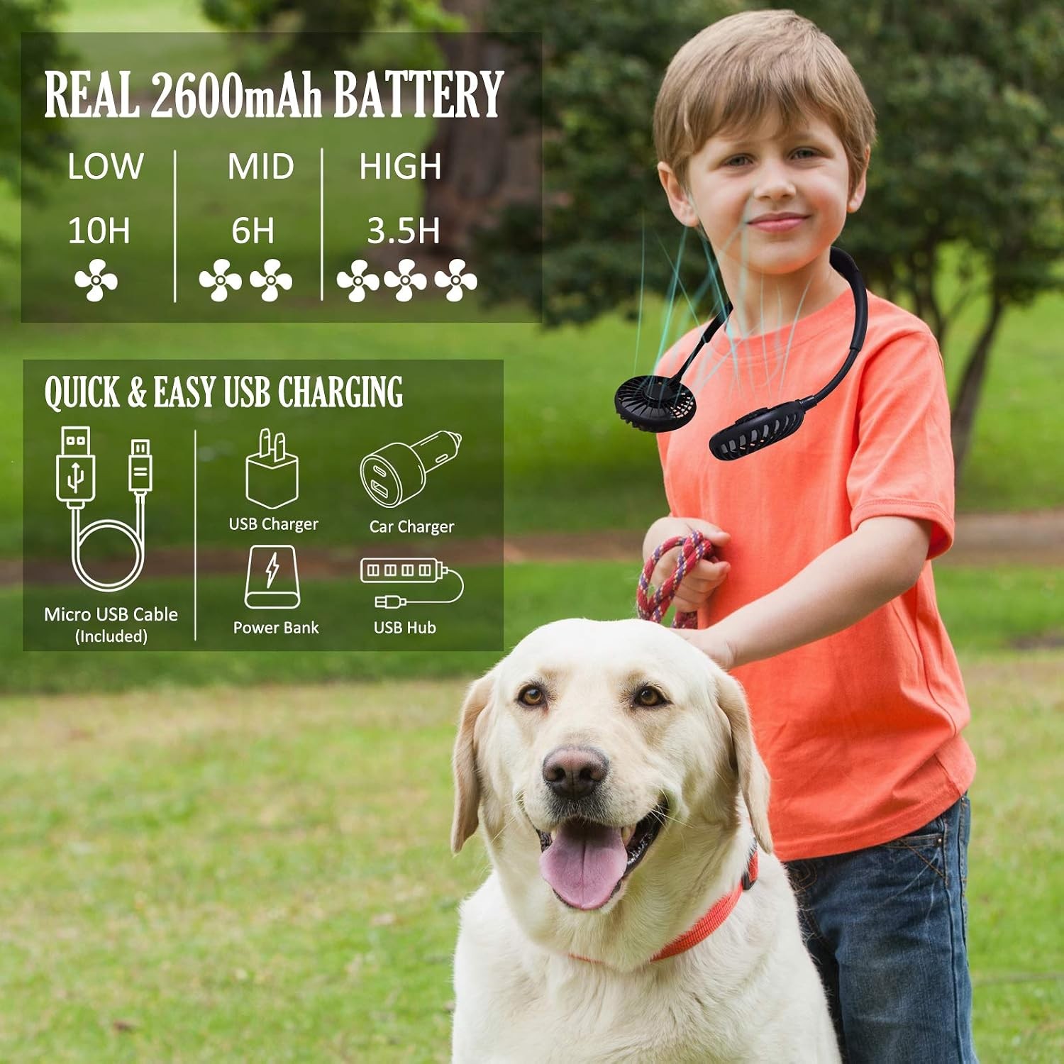 YALTOON Neck Fan – 2600mAh, Portable, Hands-Free, 12H Cooling